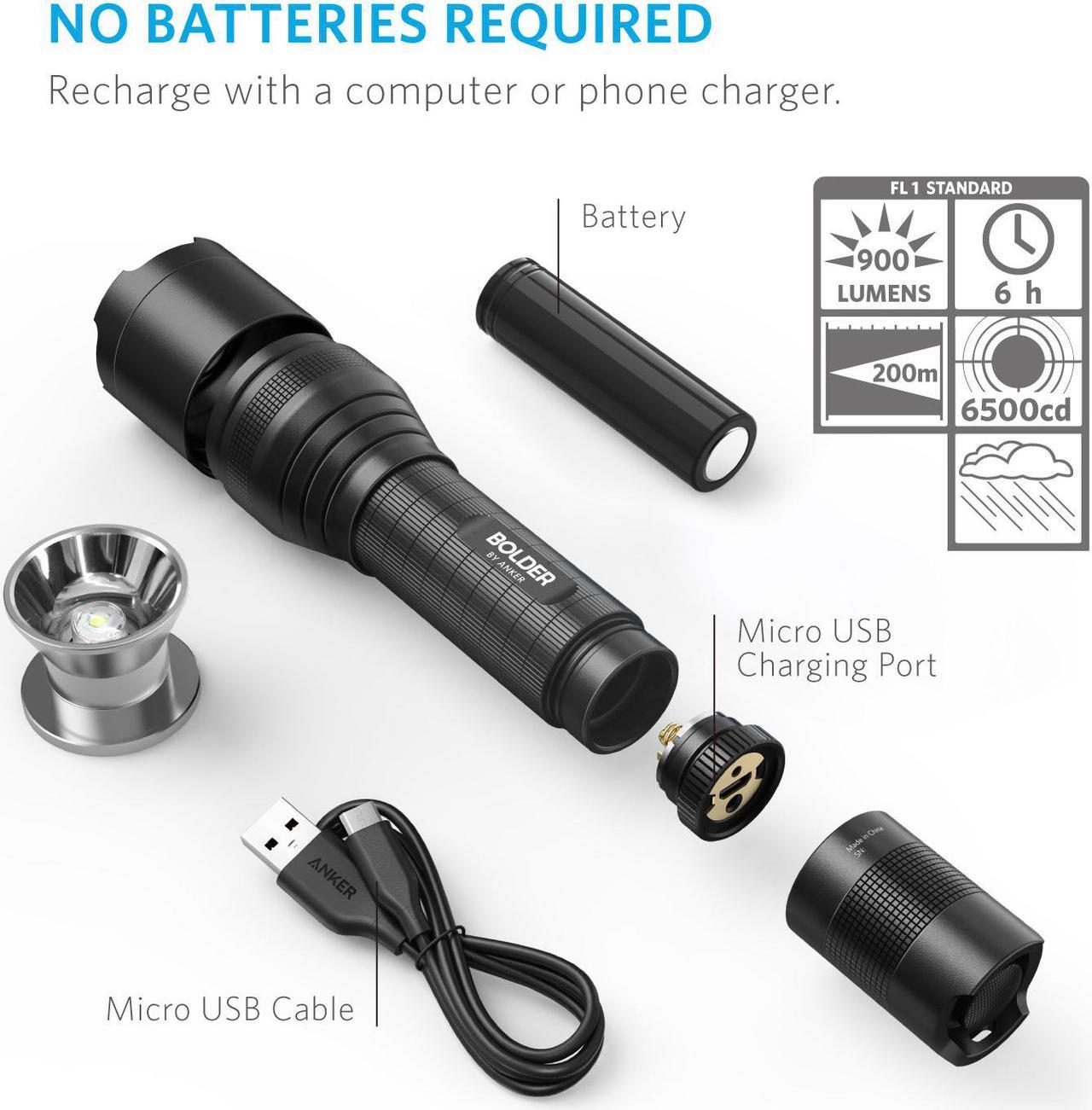 Alt view image 7 of 7 - Anker Rechargeable Bolder LC90 LED Flashlight, Pocket-Sized Torch with Super Bright 900 Lumens CREE LED, IP65 Water-Resistant, Zoomable, 5 Light Modes, 18650 Battery Included