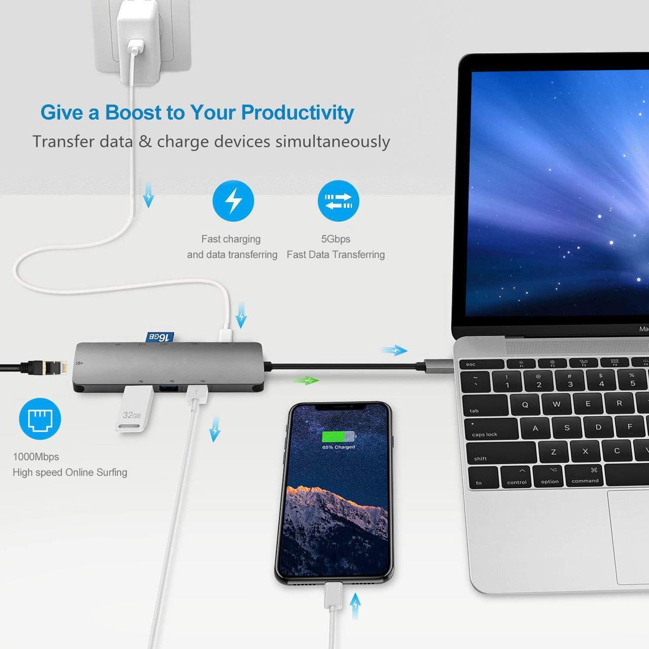 Alt view image 4 of 7 - USB C HUB, USB C Docking Adapter,9 in 1 USB Type C Adaptor With 4K HDMI,3 USB 3.0 Ports,SD TF Card Reader,60W Power Delivery, Audio/Mic Compatible For MacBook Other Type C Laptop and Some Mobile Phone