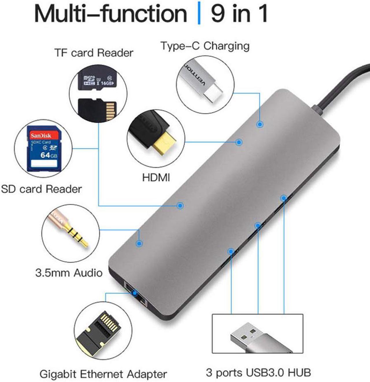 Alt view image 3 of 7 - USB C HUB, USB C Docking Adapter,9 in 1 USB Type C Adaptor With 4K HDMI,3 USB 3.0 Ports,SD TF Card Reader,60W Power Delivery, Audio/Mic Compatible For MacBook Other Type C Laptop and Some Mobile Phone