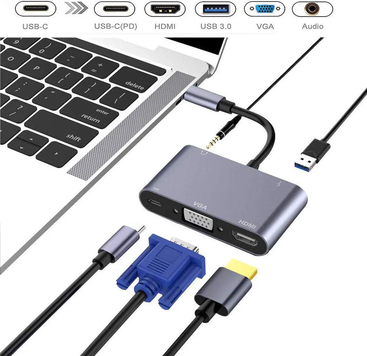 Main image of USB C Hub, USB 3.1 Type-C to HDMI VGA Adapter with 4K HDMI, 1080P VGA, USB 3.0, PD Pass-Through Charging, 3.5mm Audio Port, Dual Screens Display for Mac Pro and Other Laptops with Thunderbolt 3 Port