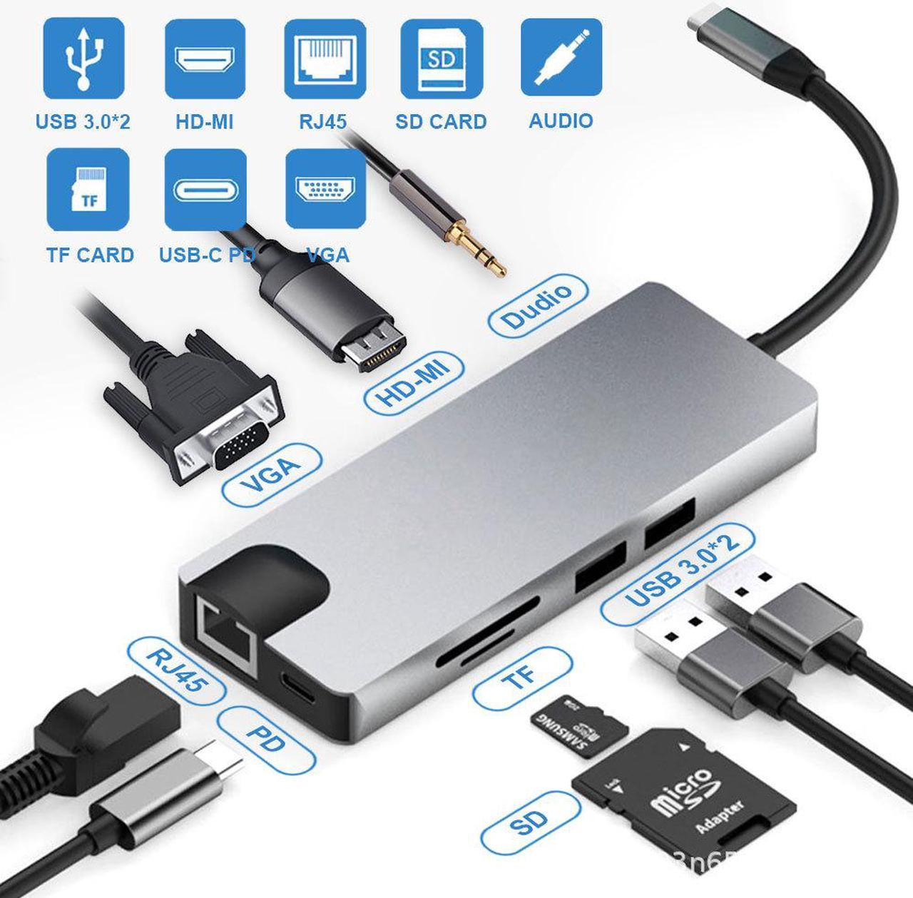 9-in-1 USB C Hub Adapter, Type-C Dongle with Gigabit Ethernet Port 2 USB 3.0 Ports SD/TF Card Reader, 3.5mm Audio Jack USB-C Power Delivery 4K USB C to HDMI VAG for MacBook Pro/Air, iPad Pro