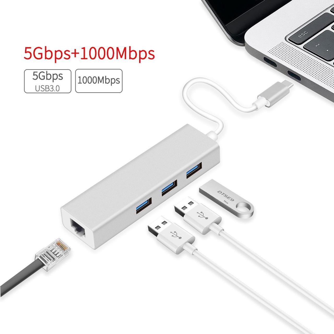 USB C to Ethernet Adapter with 3 Port USB3.0, USB Type C to 1000/100/10Mbps RJ45 LAN Gigabit Ethernet Network Adapter for Type C Laptops and Other USB Type C Devices,Windows 7/8/8.1/10,MacOS- Silver