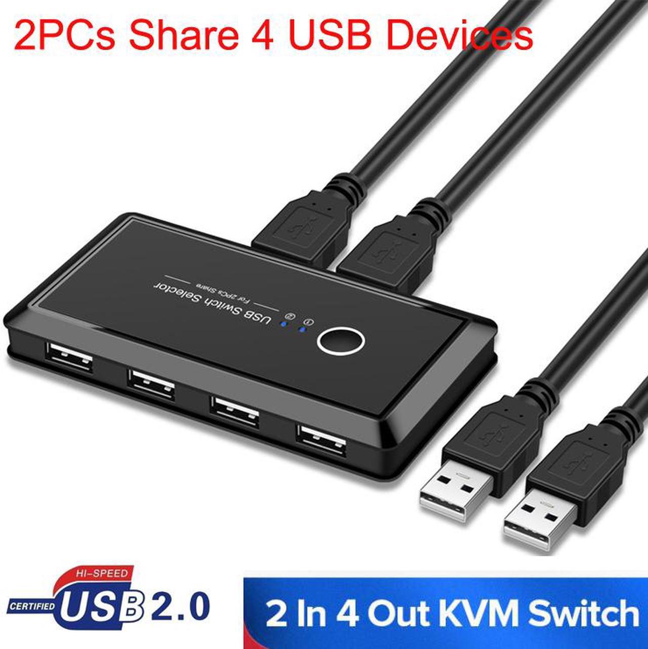 USB 2.0 Switch Selector,LUOM KVM Switcher Adapter 4 Port 2 Computers USB Peripheral Switcher Box Hub for Mouse, Keyboard, Scanner, Printer, PCs with One-Button Switch and 2 Pack USB Cable