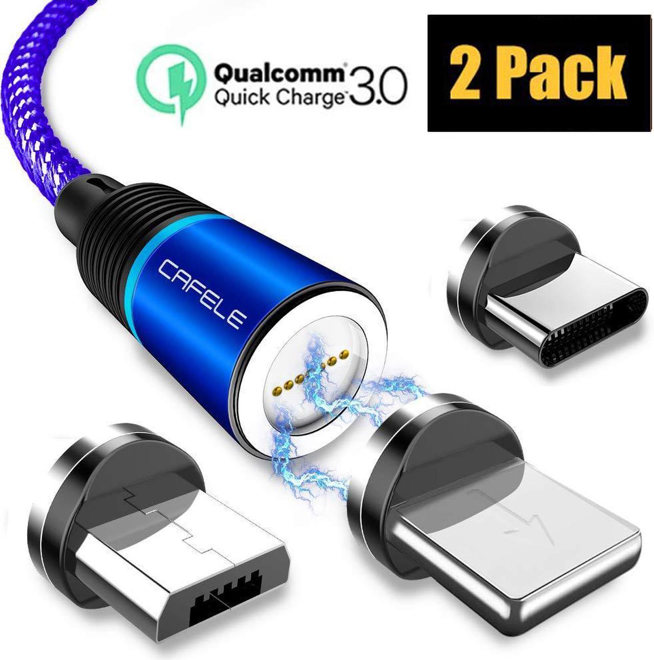 Magnetic Phone Quick Charge 3.0 Charger Cable, New Upgraded 3.0 A Fast Charge & Data Sync 3 in 1 Nylon Braided Magnetic Charging Cable for iOS, Android & Type C Smart Devices (2-Pack, Blue, 4ft)