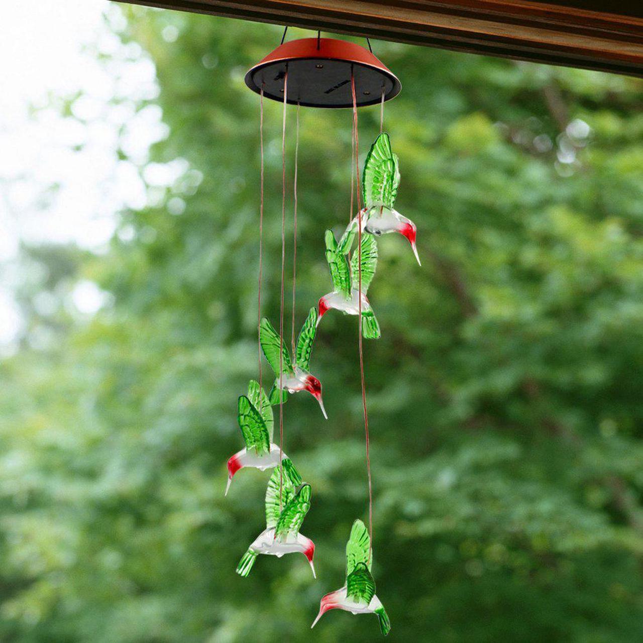 Alt view image 4 of 7 - LED Solar Hummingbird Wind Chimes Outdoor - Waterproof Mobile Changing Light Color Wind Chime, Hummingbird LED Wind Chimes for Home, Xmas Mom Gifts, Party, Festival Decor, Night Garden Decoration