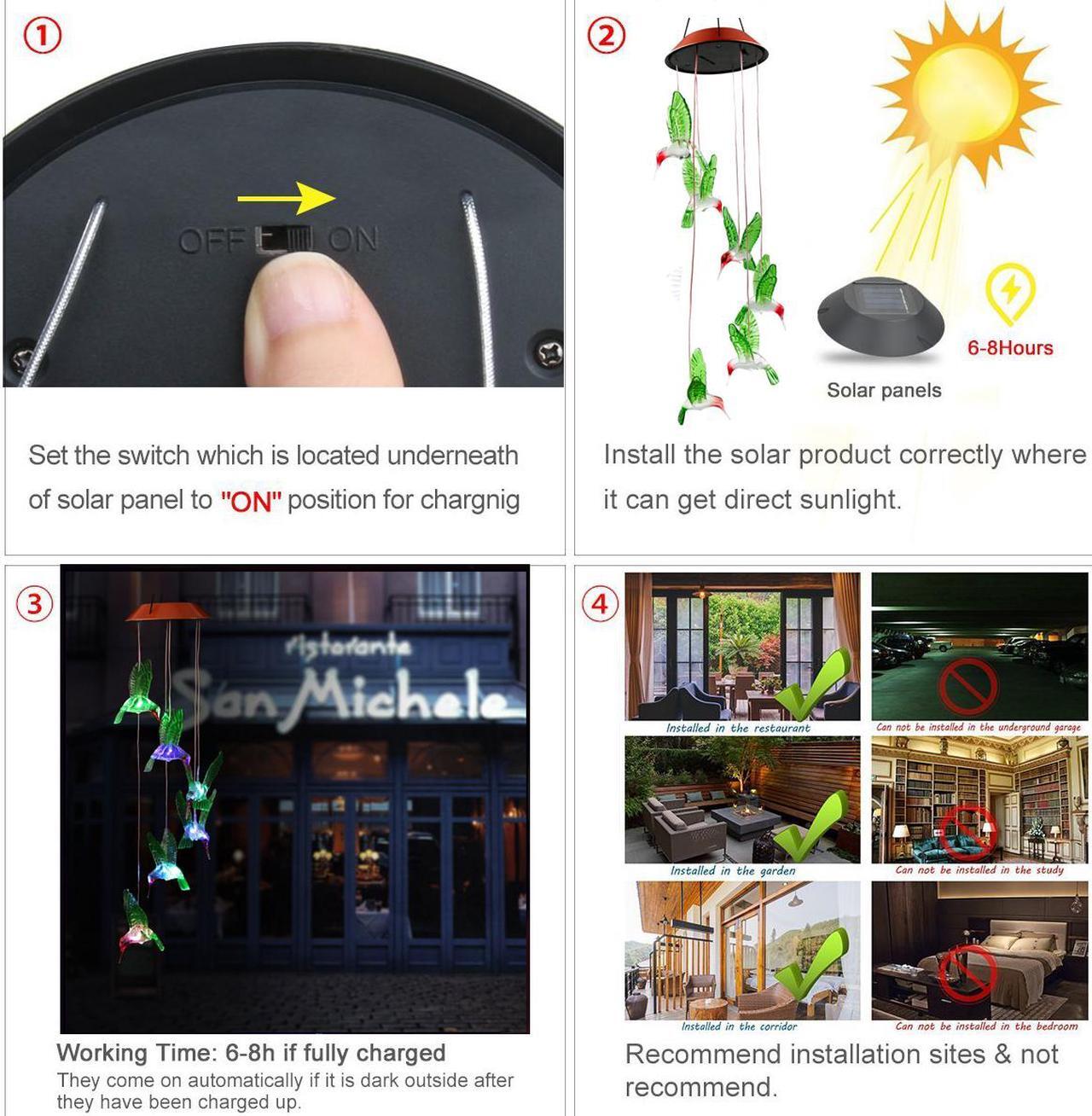 Alt view image 6 of 7 - LED Solar Hummingbird Wind Chimes Outdoor - Waterproof Mobile Changing Light Color Wind Chime, Hummingbird LED Wind Chimes for Home, Xmas Mom Gifts, Party, Festival Decor, Night Garden Decoration