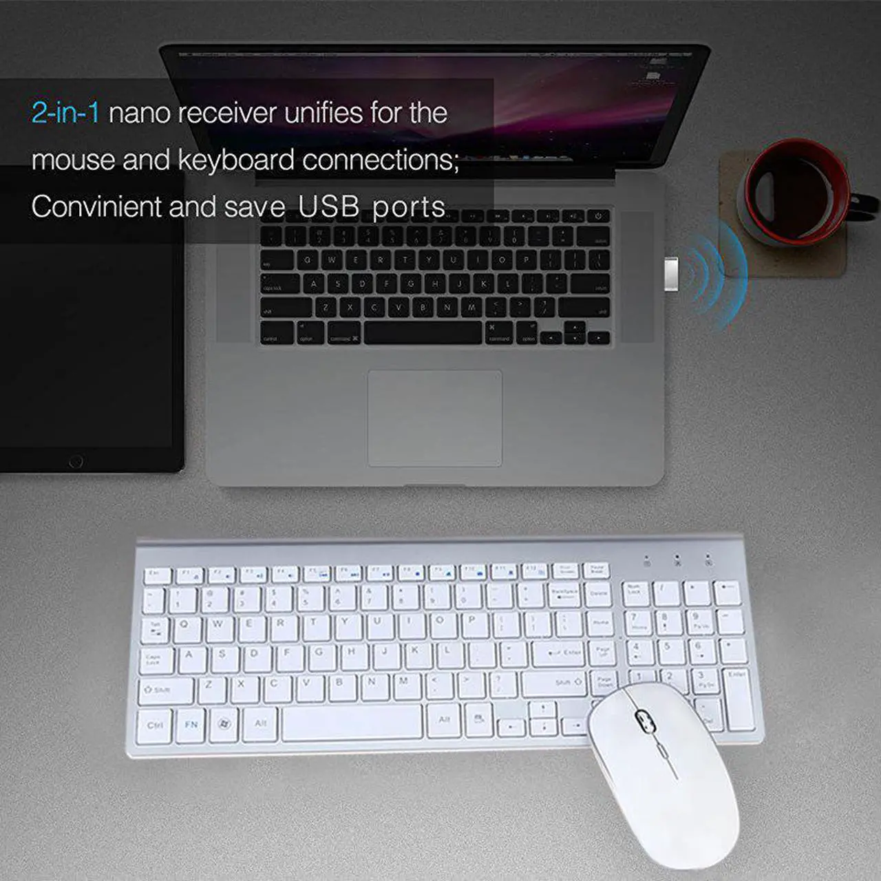 Alt view image 4 of 7 - Wireless Keyboard and Mouse, 2.4GHz Silent USB Wireless Keyboard Mouse Combo, Full-Size Keyboard and Mouse for Computer, Desktop and Laptop (White)