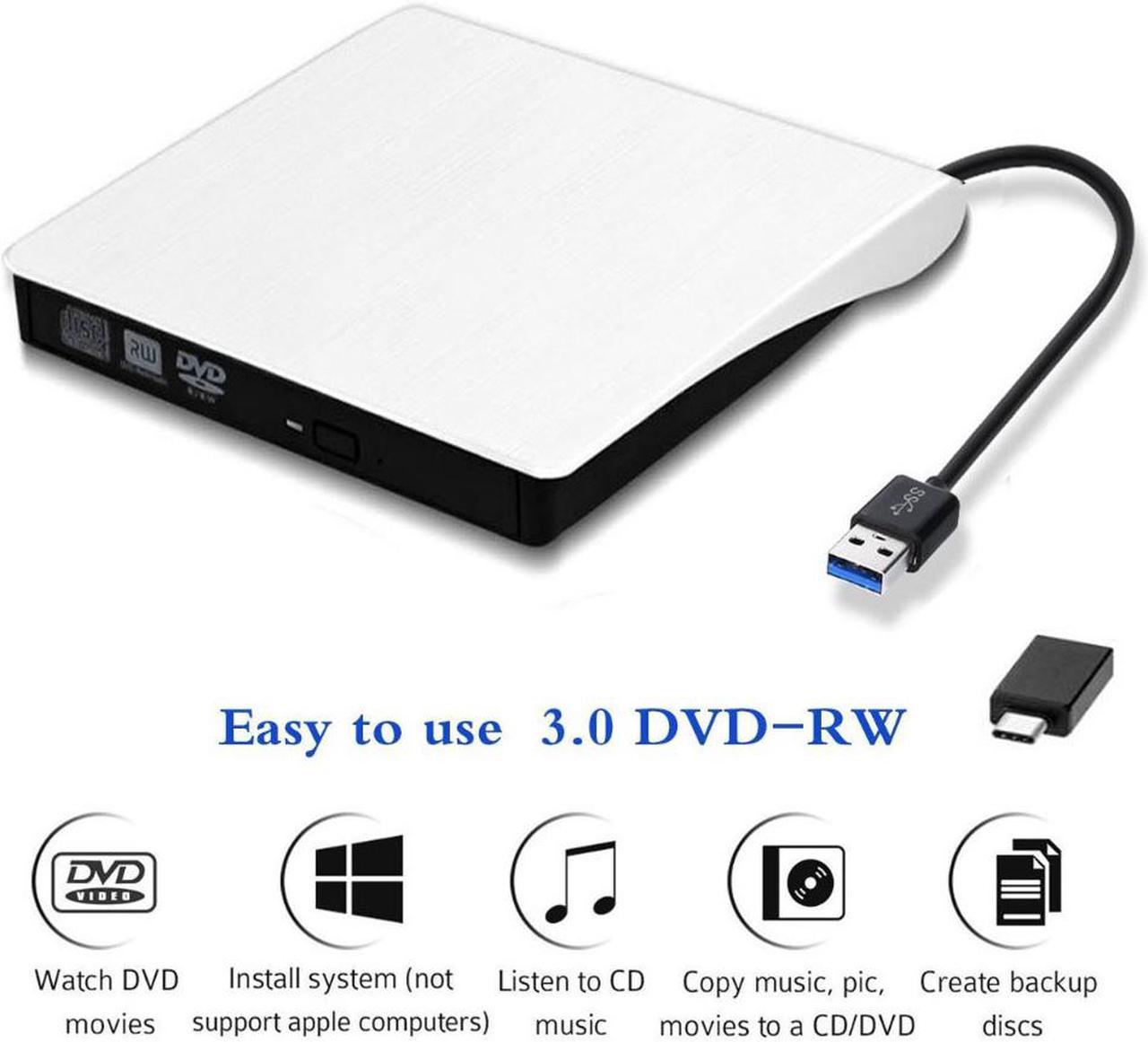 XD001 External DVD Drive - Dual-Port USB 3.0 Type-C CD DVD +/-RW Drive, USB C Portable Burner Slim DVD/CD ROM Rewriter Burner Writer Compatible with MacBook, Laptop, Desktop, Win 7/8/10 / XP/OS,White