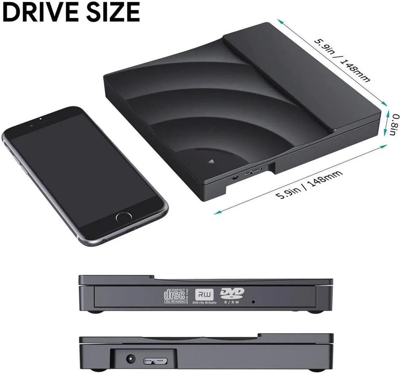 Alt view image 2 of 7 - LUOM External CD Drive USB 3.0/Type-C Portable CD/DVD+/-RW Burner Player Writer with Touch Sensitive Button Compatible with Windows XP/7/8/10, MacOS, Linux for MacBook, Laptop, Desktop