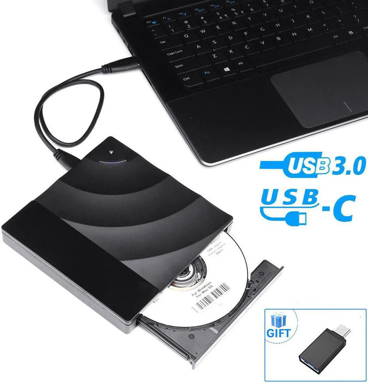 Main image of LUOM External CD Drive USB 3.0/Type-C Portable CD/DVD+/-RW Burner Player Writer with Touch Sensitive Button Compatible with Windows XP/7/8/10, MacOS, Linux for MacBook, Laptop, Desktop