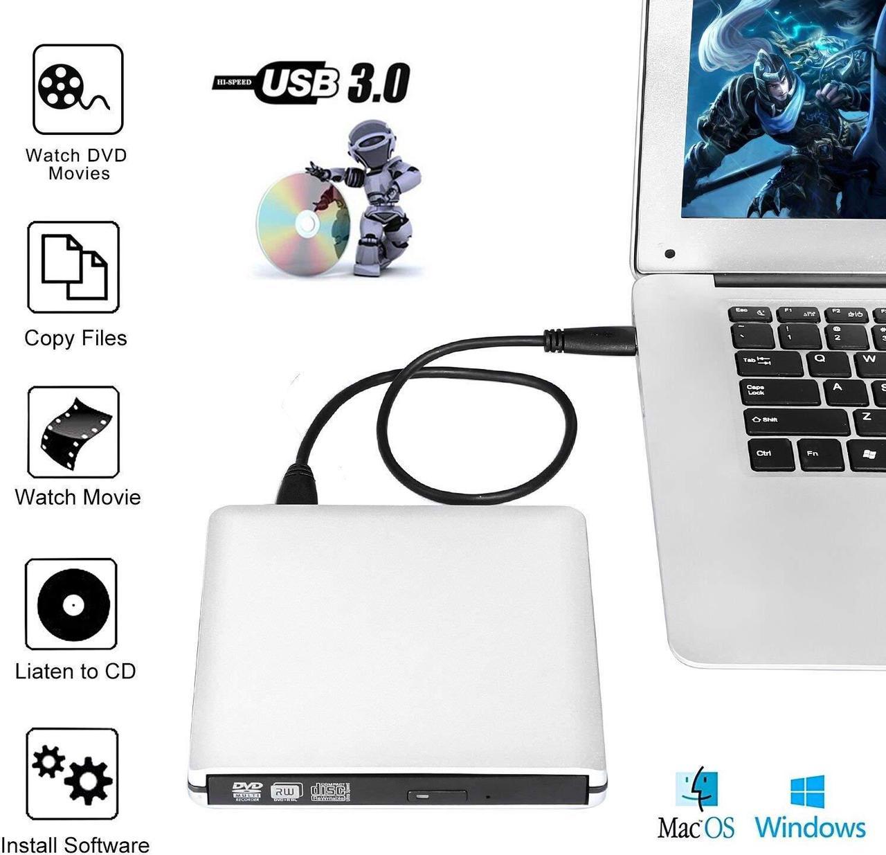 Aluminum External CD DVD Drive, USB 3.0 Type-C Portable CD/DVD /-RW Drive/DVD Optical Drive disc Player for Laptop Slim CD ROM Rewriter Burner for Mac Laptop Desktop PC Windows Linux OS(White)