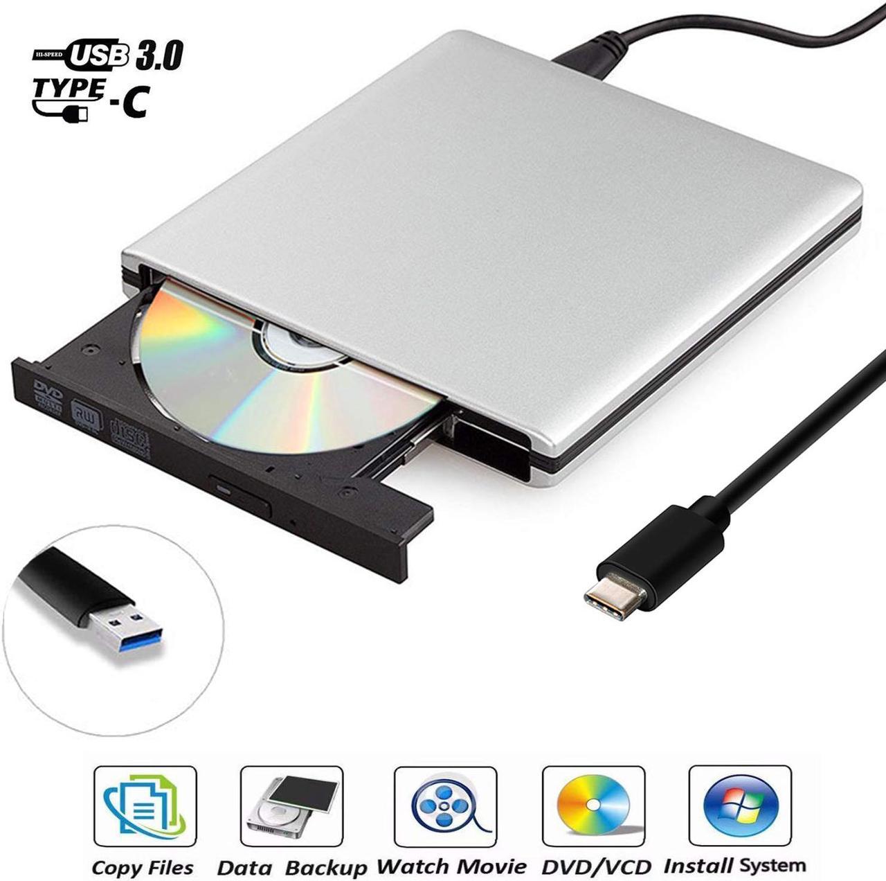 LUOM Aluminum External CD Drive, USB 3.0 O Type C Dual Port DVD Burner CD DVD Rewriter Burner Writer Compatible with Windows XP/7/8/10, MacOS, Linux for MacBook, Laptop, Desktop, Silver