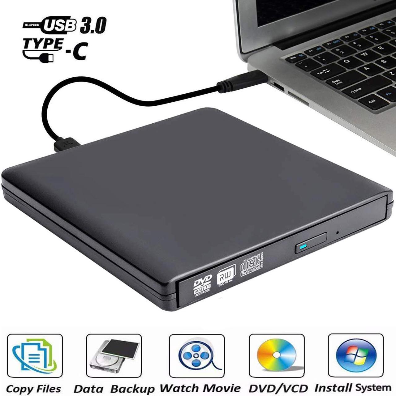 Aluminum External CD DVD Drive, USB 3.0 Type-C Portable CD/DVD /-RW Drive/DVD Optical Drive disc Player for Laptop Slim CD ROM Rewriter Burner for Mac Laptop Desktop PC Windows Linux OS(Black)