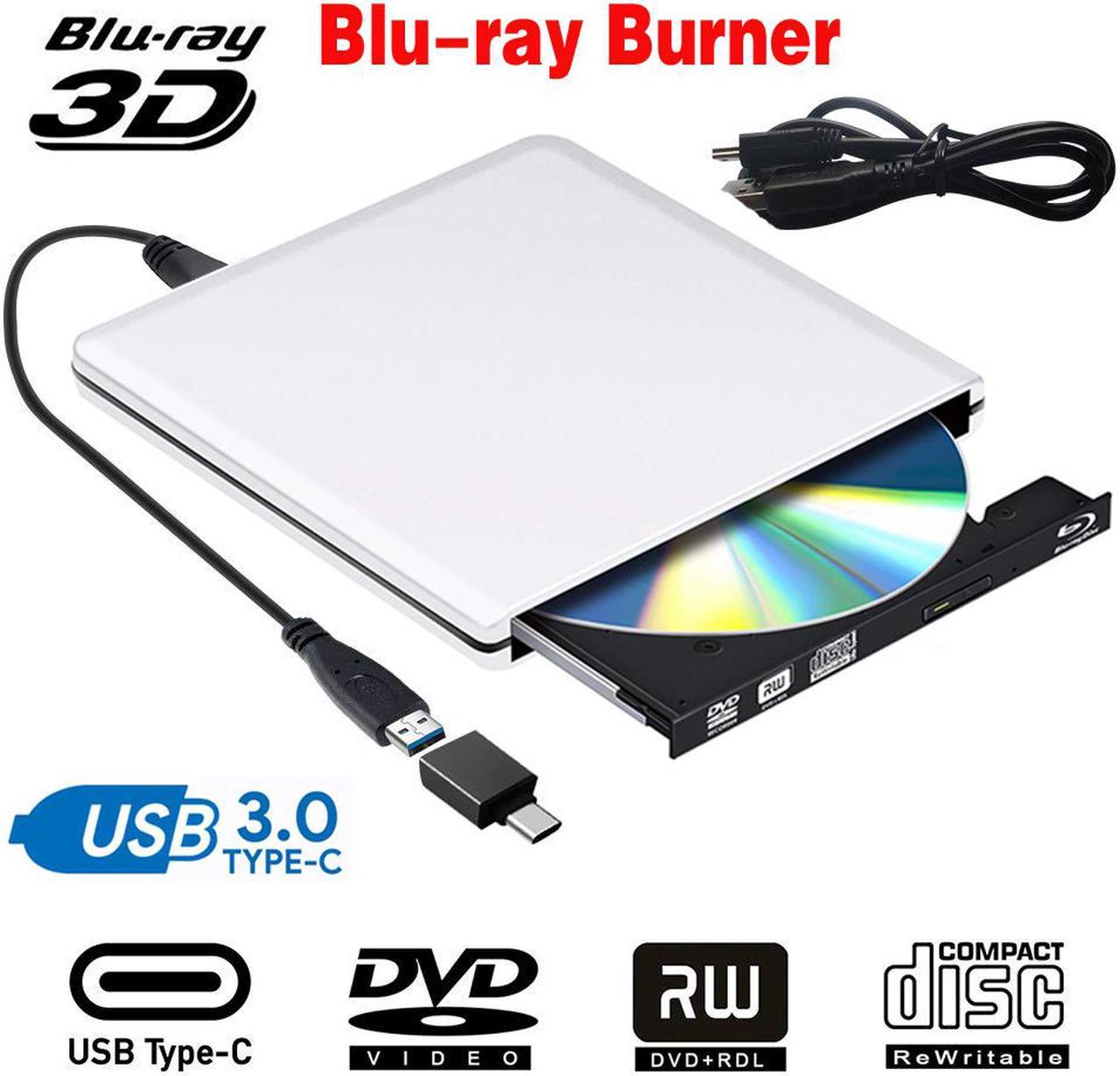 LUOM Aluminum Slim USB 3.0/Type C External Blu-Ray Burner Drive, Portable CD/DVD +/-RW Drive Ultra-Thin DVD/CD ROM Rewriter Burner For Laptop Desktop PC Windows Linux OS Apple Mac, Silver