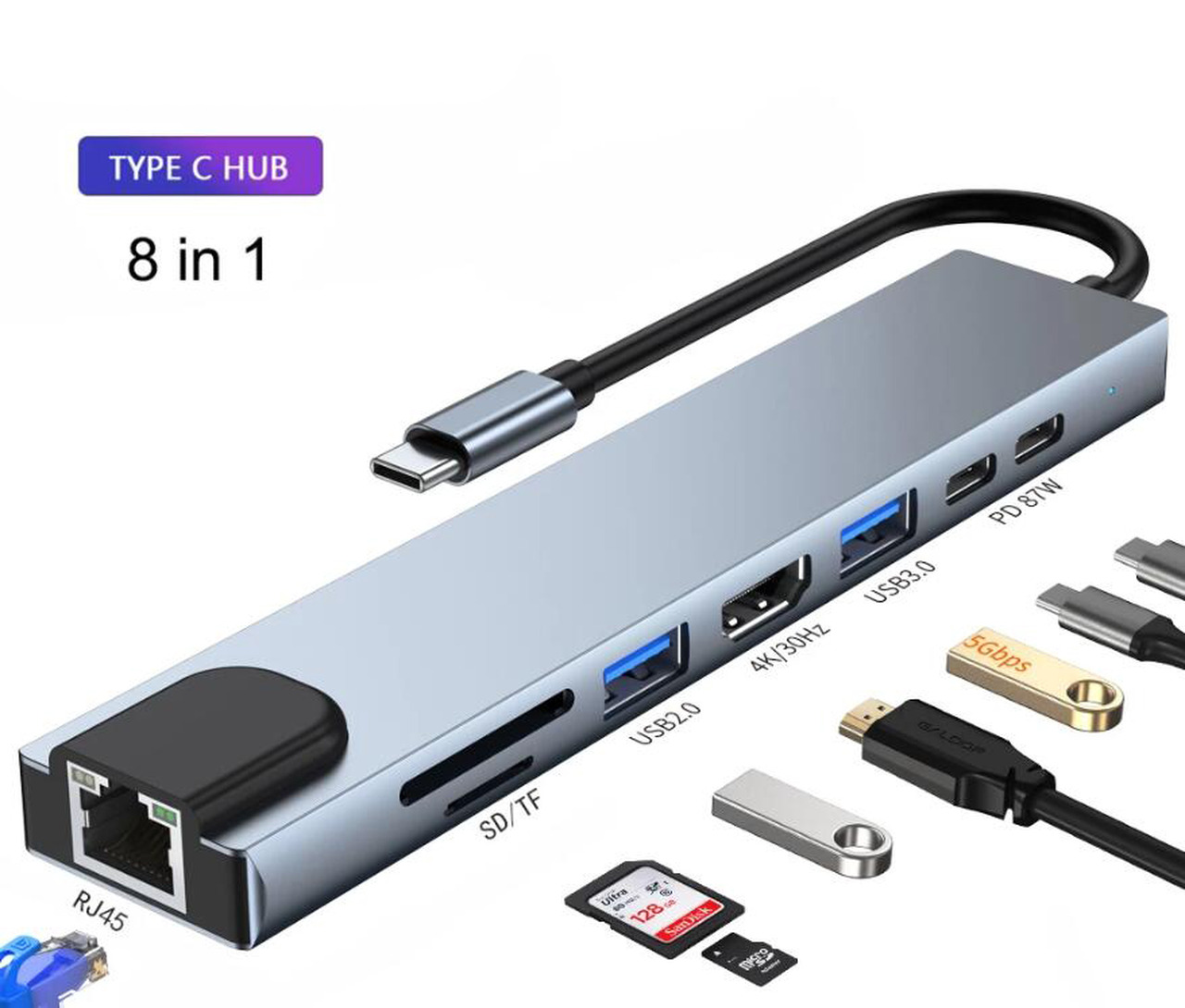 thumbnail image 2 of Space Grey 8-in-1 USB-C Hub Adapter With 4K HDMI, 87W PD, RJ45 Ethernet, SD/TF Card Slots 2 of 3