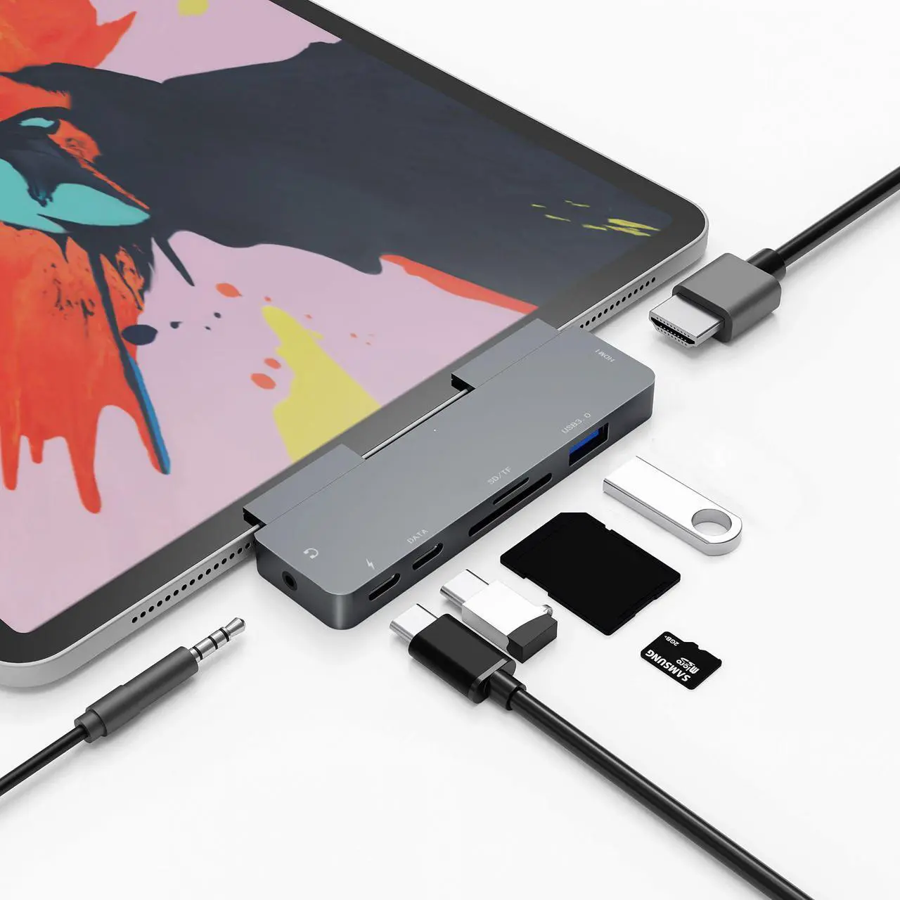 Main image of USB C Hub for iPad Pro 2020, 2018, iPad Air 4, MacBook Pro M1 2020, 2019, 2018, 2017, MacBook Air with 4K@30Hz HDMI HDR, USB 3.0, 3.5mm Audio and 60W PD&Data, SD/Micro Card ReaderUSB-C Dock Adapter