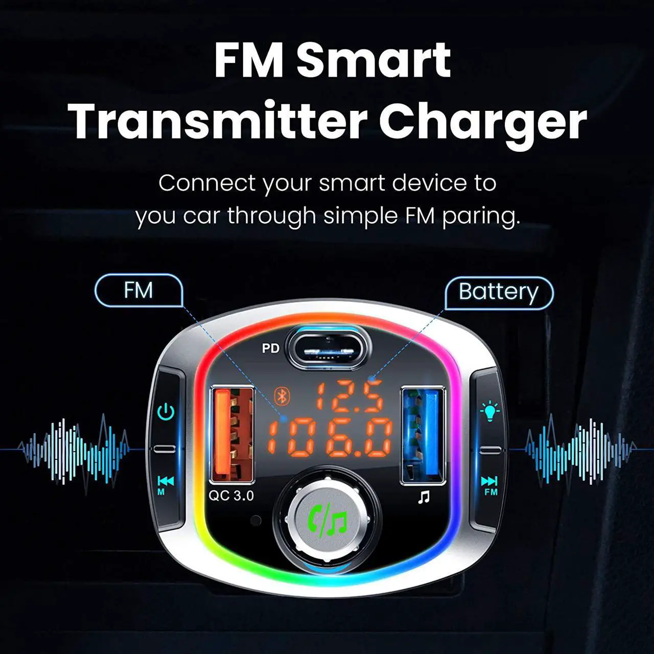 Alt view image 3 of 7 - LUOM Wireless Car Bluetooth 5.0 Adapter,Radio FM Transmitters HandsFree Call Receiver and MP3 Music Audio Play,QC3.0/18W Dual USB Charger + USB-C PD,Aux Port,TF Card, LED Backlit