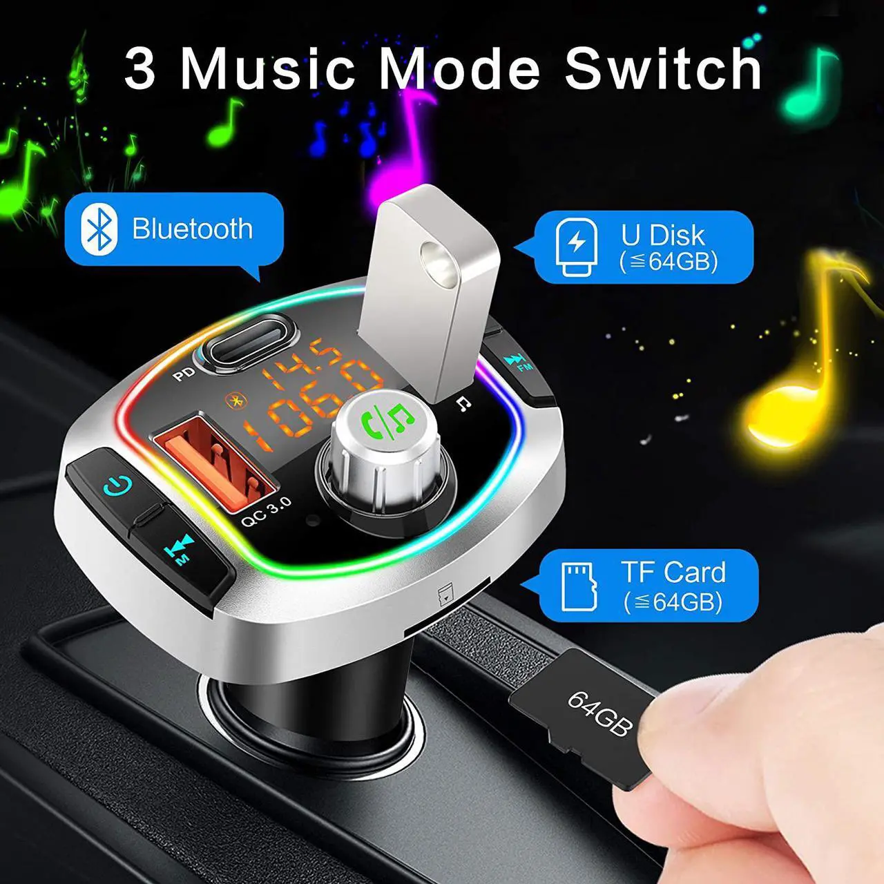 Alt view image 4 of 7 - LUOM Wireless Car Bluetooth 5.0 Adapter,Radio FM Transmitters HandsFree Call Receiver and MP3 Music Audio Play,QC3.0/18W Dual USB Charger + USB-C PD,Aux Port,TF Card, LED Backlit