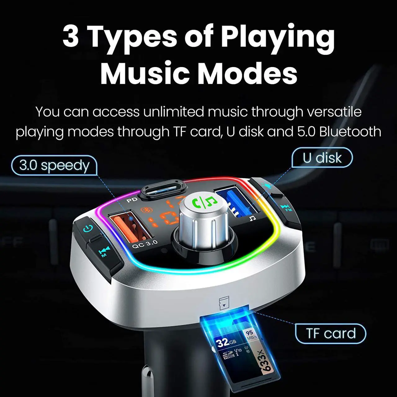 Alt view image 4 of 7 - Bluetooth FM Transmitter, Car Radio Audio Adapter MP3 Player Handsfree Car Kit with Dual USB Ports QC3.0/18W + USB-C PD, Car Voltage, Play TF Card/USB Flash Drive LED Backlit for iPhone,iPad,Samsung