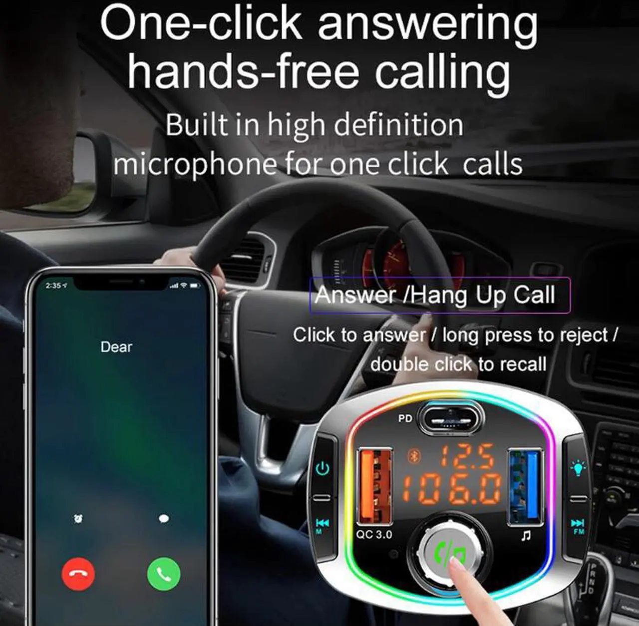 Alt view image 5 of 7 - Bluetooth FM Transmitter, Car Radio Audio Adapter MP3 Player Handsfree Car Kit with Dual USB Ports QC3.0/18W + USB-C PD, Car Voltage, Play TF Card/USB Flash Drive LED Backlit for iPhone,iPad,Samsung