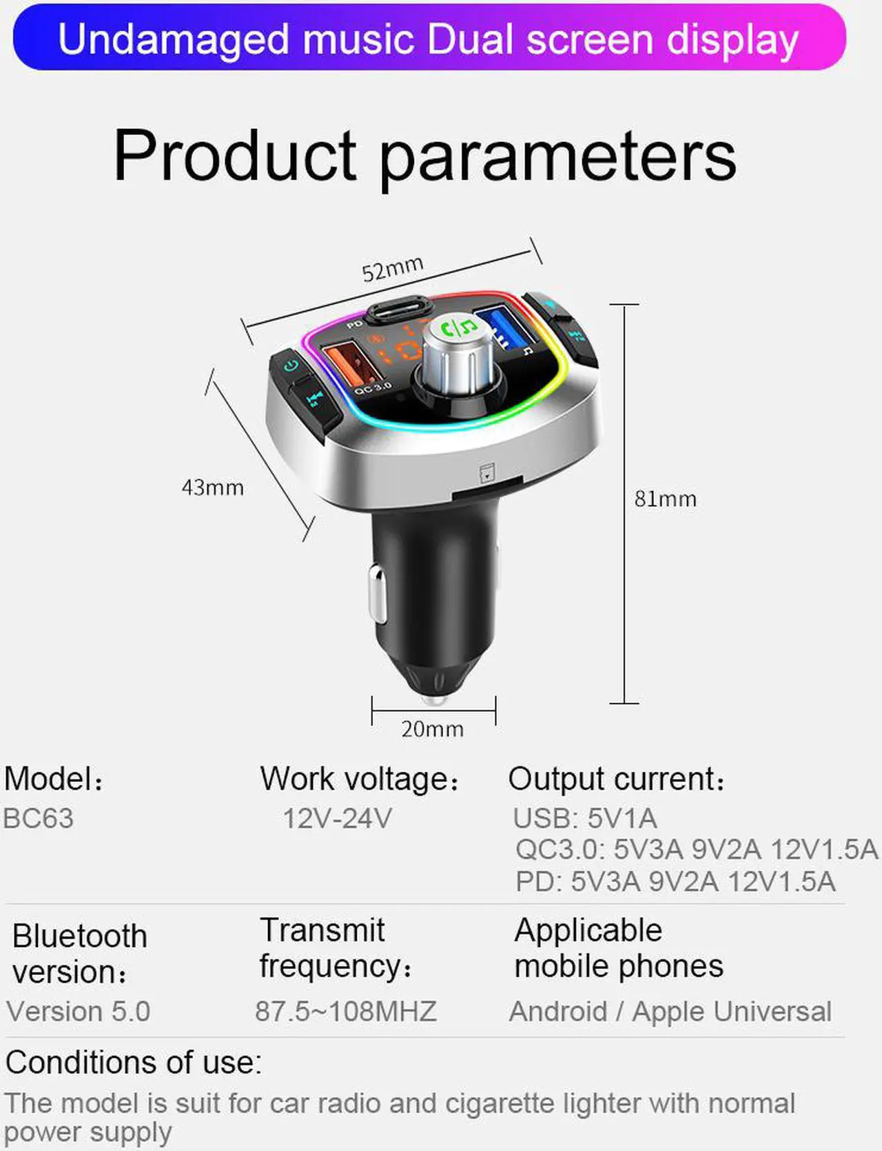 Alt view image 2 of 7 - LUOM Wireless Car Bluetooth 5.0 Adapter,Radio FM Transmitters HandsFree Call Receiver and MP3 Music Audio Play,QC3.0/18W Dual USB Charger + USB-C PD,Aux Port,TF Card, LED Backlit