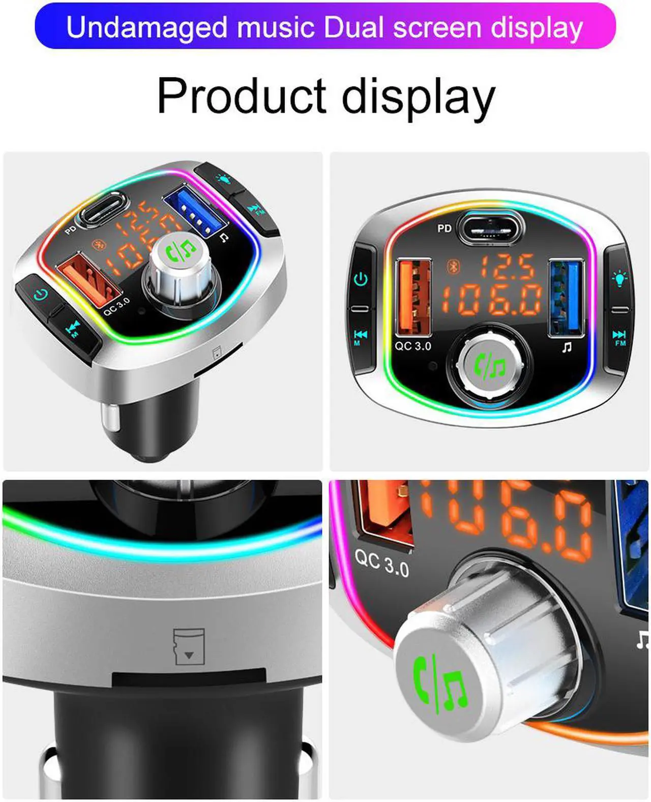 Alt view image 2 of 7 - Bluetooth FM Transmitter, Car Radio Audio Adapter MP3 Player Handsfree Car Kit with Dual USB Ports QC3.0/18W + USB-C PD, Car Voltage, Play TF Card/USB Flash Drive LED Backlit for iPhone,iPad,Samsung