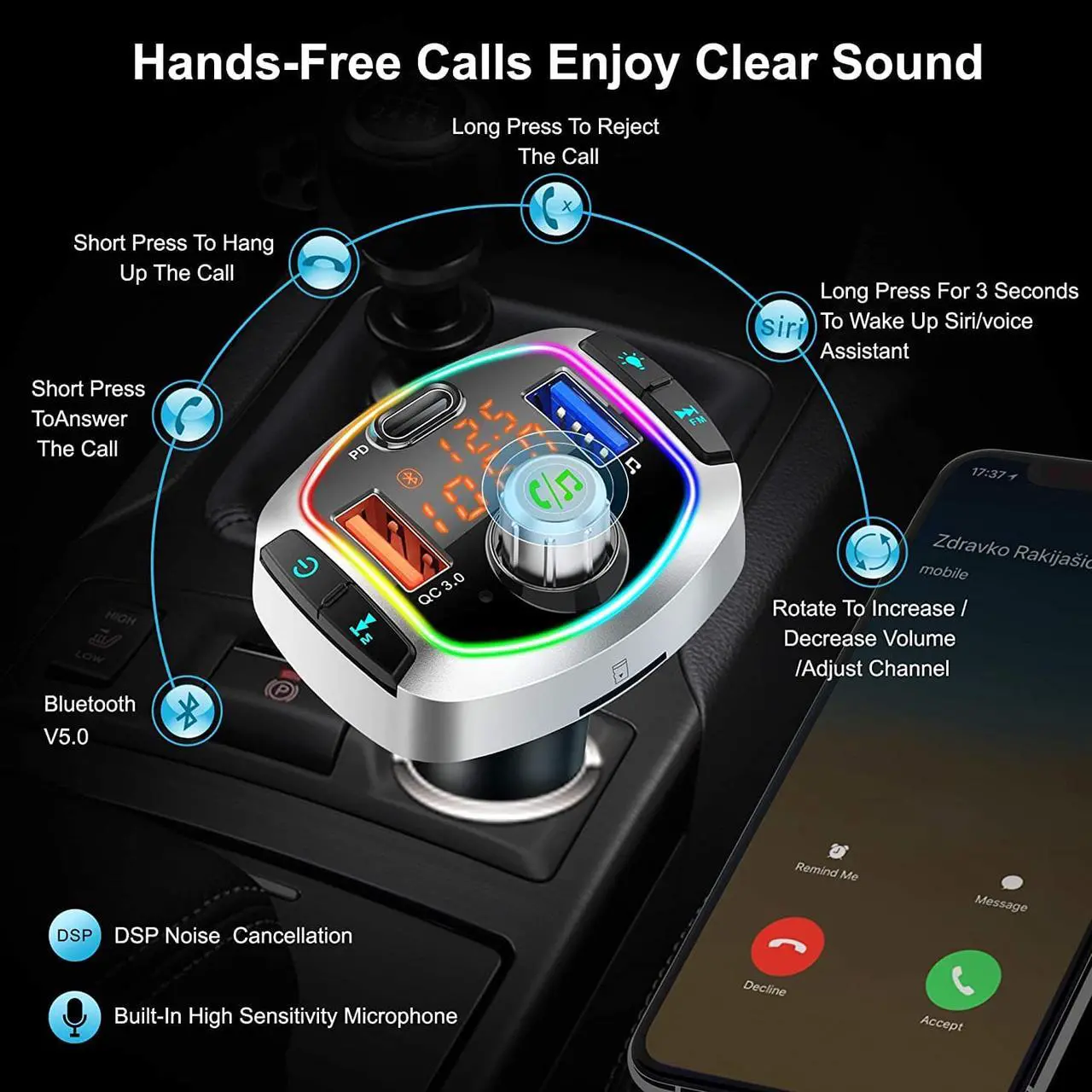 Alt view image 5 of 7 - LUOM Wireless Car Bluetooth 5.0 Adapter,Radio FM Transmitters HandsFree Call Receiver and MP3 Music Audio Play,QC3.0/18W Dual USB Charger + USB-C PD,Aux Port,TF Card, LED Backlit