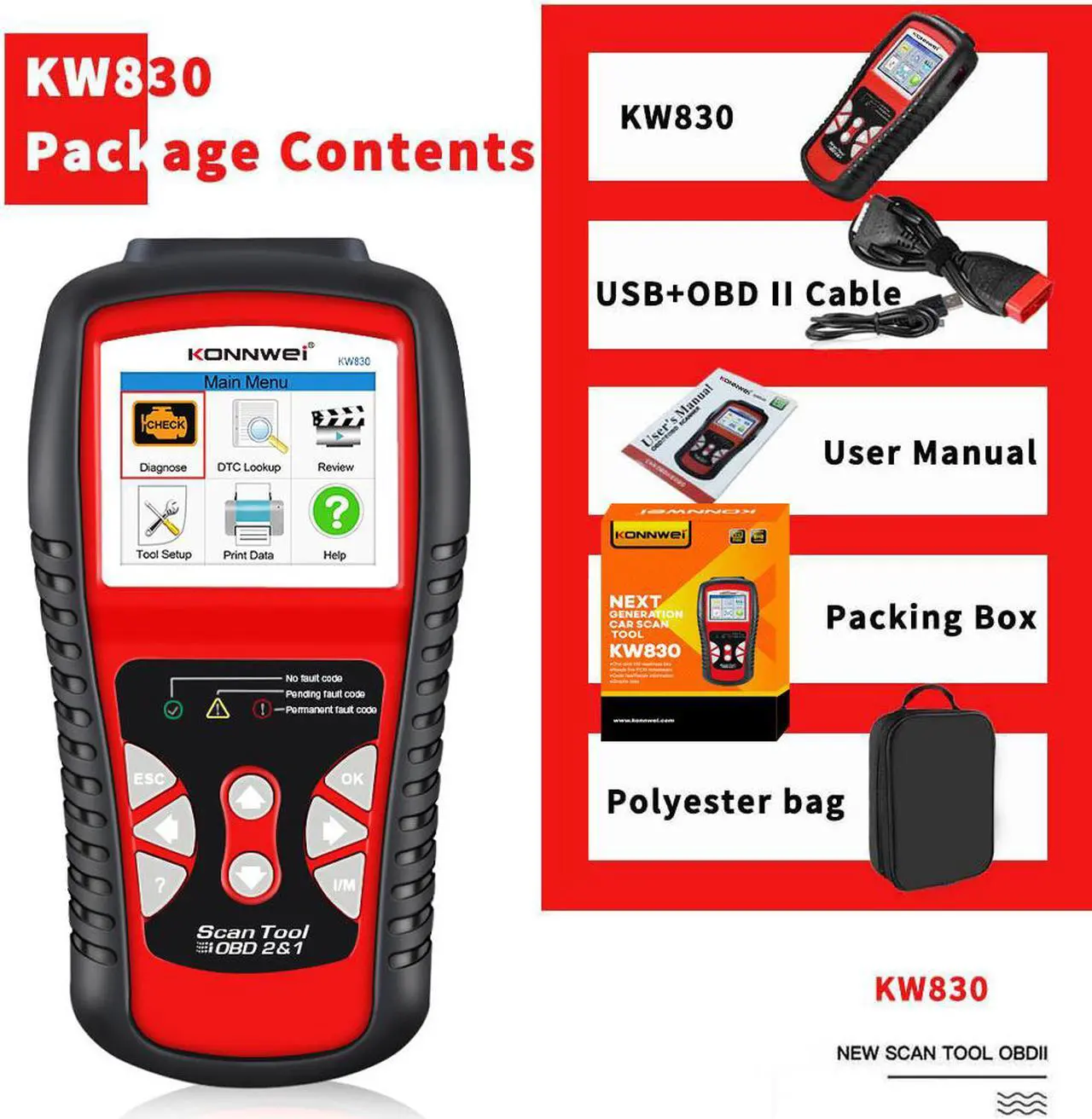 Alt view image 5 of 7 - OBD2 Scanner [KW830] Car Code Reader Scan Tool Auto OBDII/EOBD Scanner Professional Mechanic OBDII Diagnostic Tool Code Reader Tools for Check Engine Light--for All OBDII Protocol Cars Since 1996