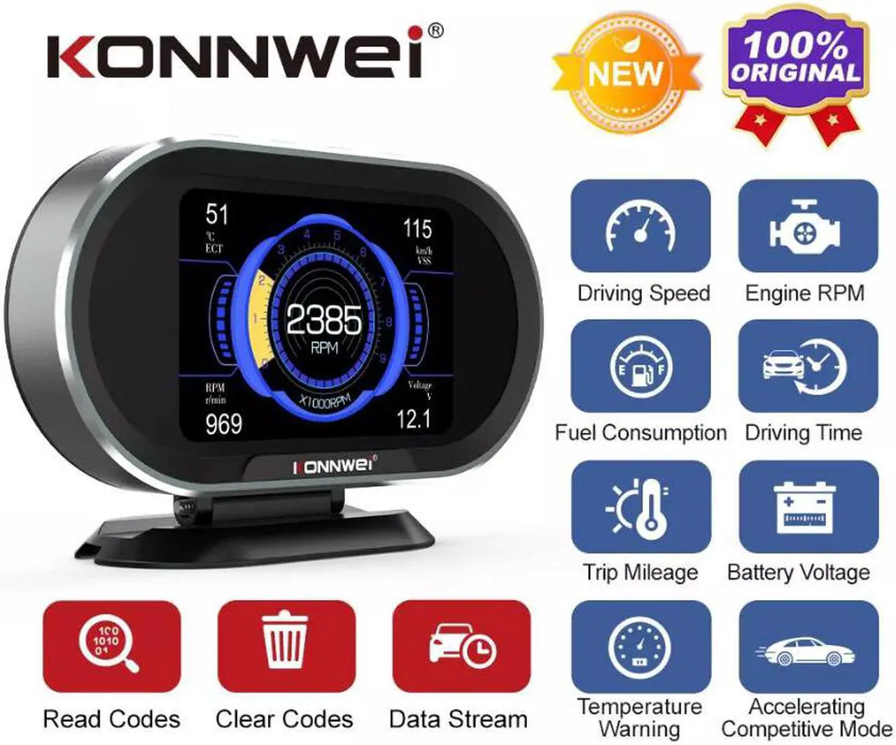 Main image of KW206 Universal Car OBD2 HUD Head up Display for Car with Digital Meter RPM Gauge All in One Automotive Trip Computer Smart OBD Speedometer Tachometer Water Temperature Fuel Pressure Tester