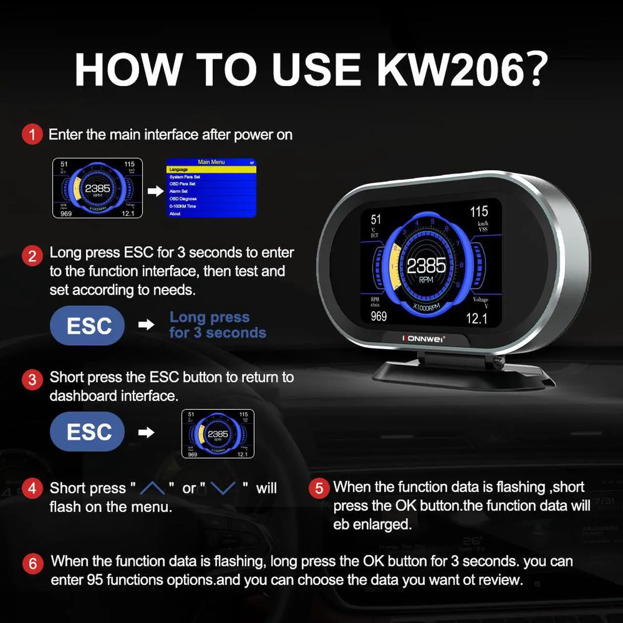 Alt view image 5 of 7 - KW206 Universal Car OBD2 HUD Head up Display for Car with Digital Meter RPM Gauge All in One Automotive Trip Computer Smart OBD Speedometer Tachometer Water Temperature Fuel Pressure Tester
