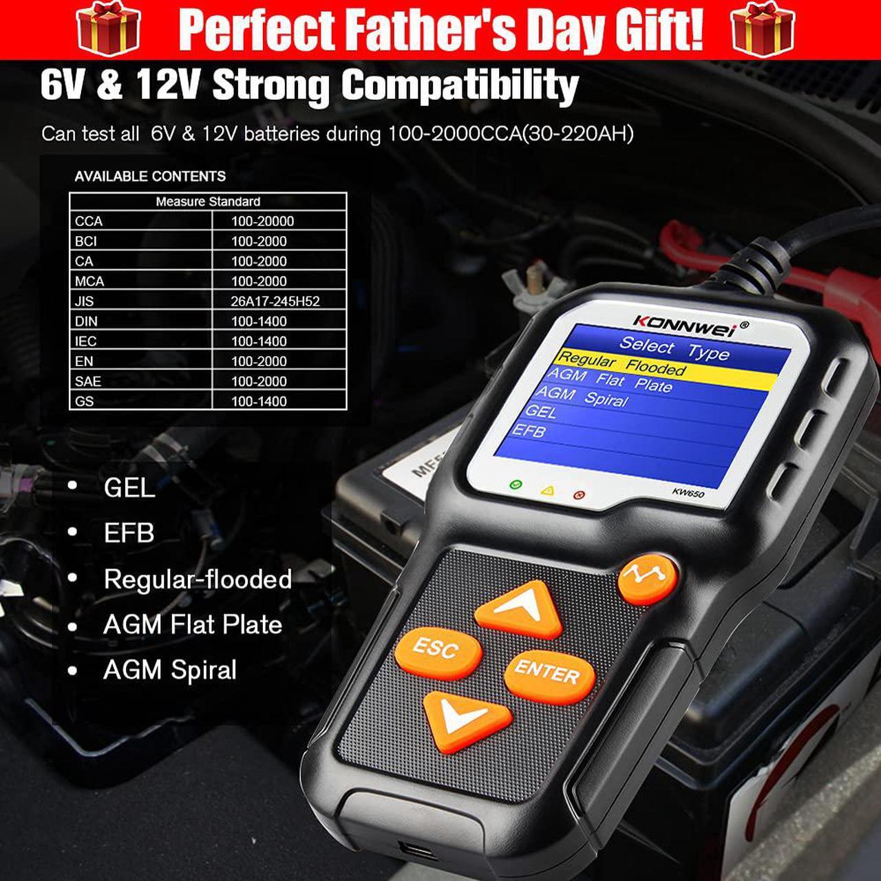 Alt view image 6 of 7 - Car Battery Tester, KONNWEI KW650 Professional 6V 12V 100-2000 CCA Automotive Load Battery Tester Digital Analyzer Bad Cell Test Tool for Car/Boat/Motorcycle and More