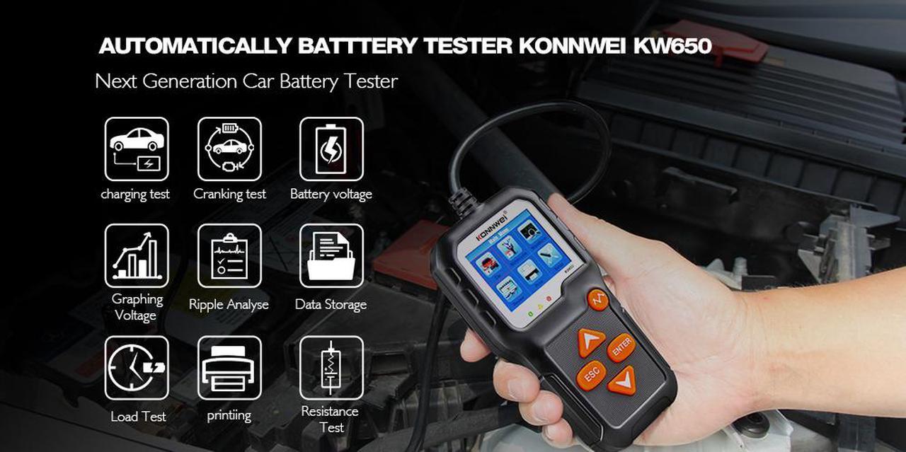 Alt view image 2 of 7 - Car Battery Tester, KONNWEI KW650 Professional 6V 12V 100-2000 CCA Automotive Load Battery Tester Digital Analyzer Bad Cell Test Tool for Car/Boat/Motorcycle and More