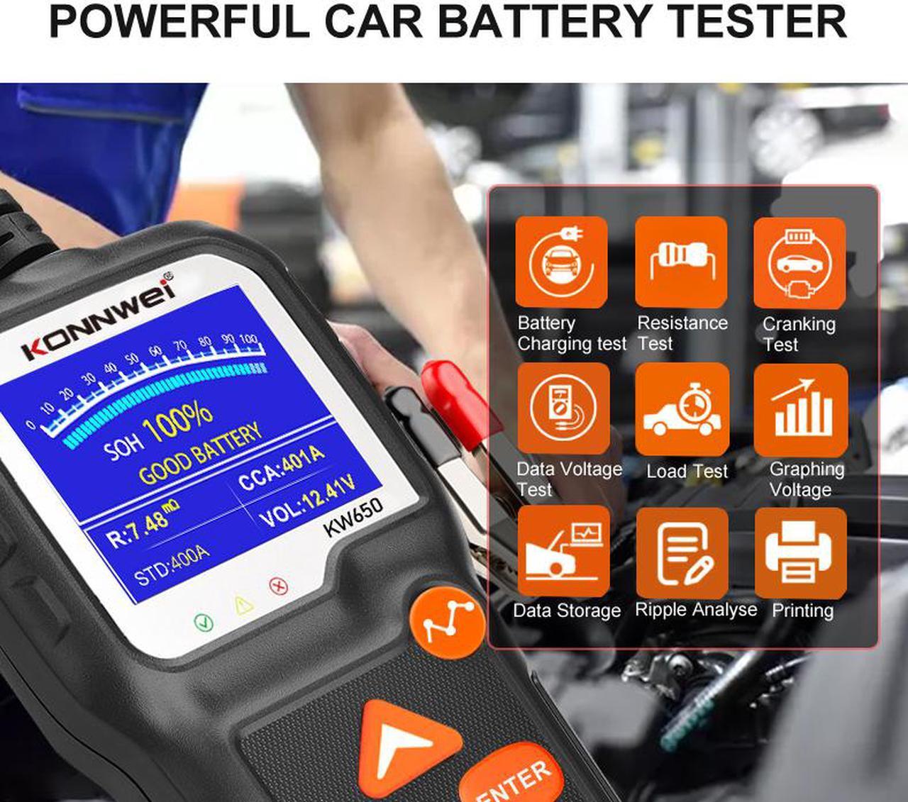 Alt view image 3 of 7 - Car Battery Tester, KONNWEI KW650 Professional 6V 12V 100-2000 CCA Automotive Load Battery Tester Digital Analyzer Bad Cell Test Tool for Car/Boat/Motorcycle and More