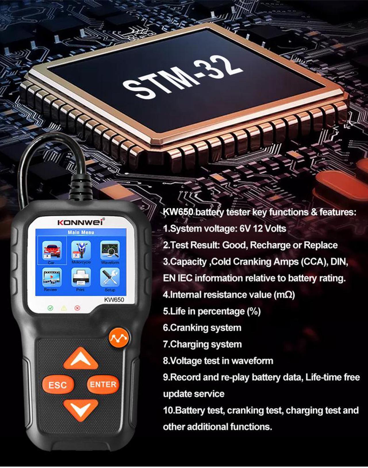 Alt view image 4 of 7 - Car Battery Tester, KONNWEI KW650 Professional 6V 12V 100-2000 CCA Automotive Load Battery Tester Digital Analyzer Bad Cell Test Tool for Car/Boat/Motorcycle and More