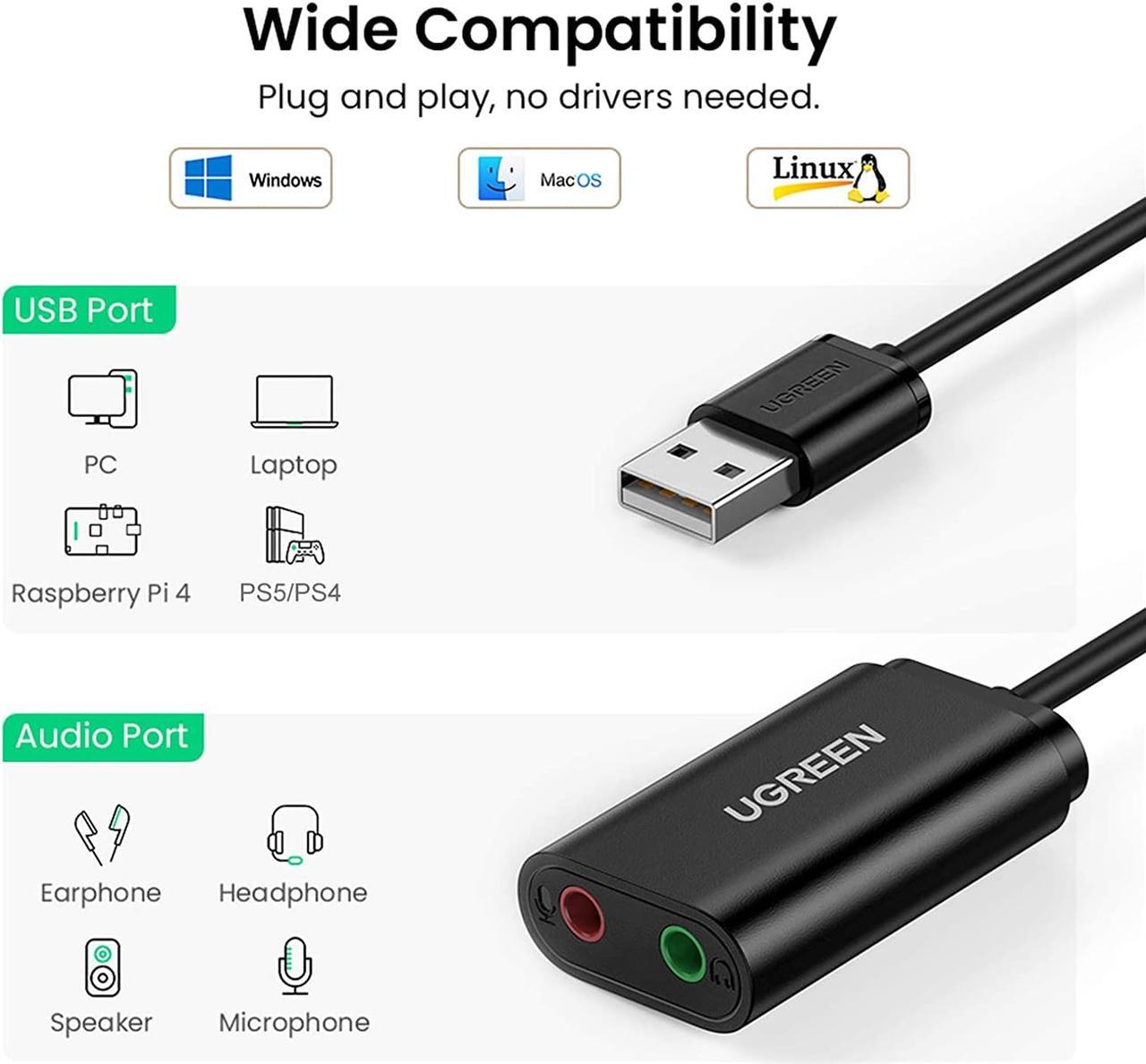 Alt view image 5 of 7 - LUOM USB External Stereo Sound Card Adapter, USB Audio Adapter with 3.5mm Headphone and Microphone Jack for Windows, Mac, Linux, PC, Laptops, Desktops, PS4 (USB-Black)