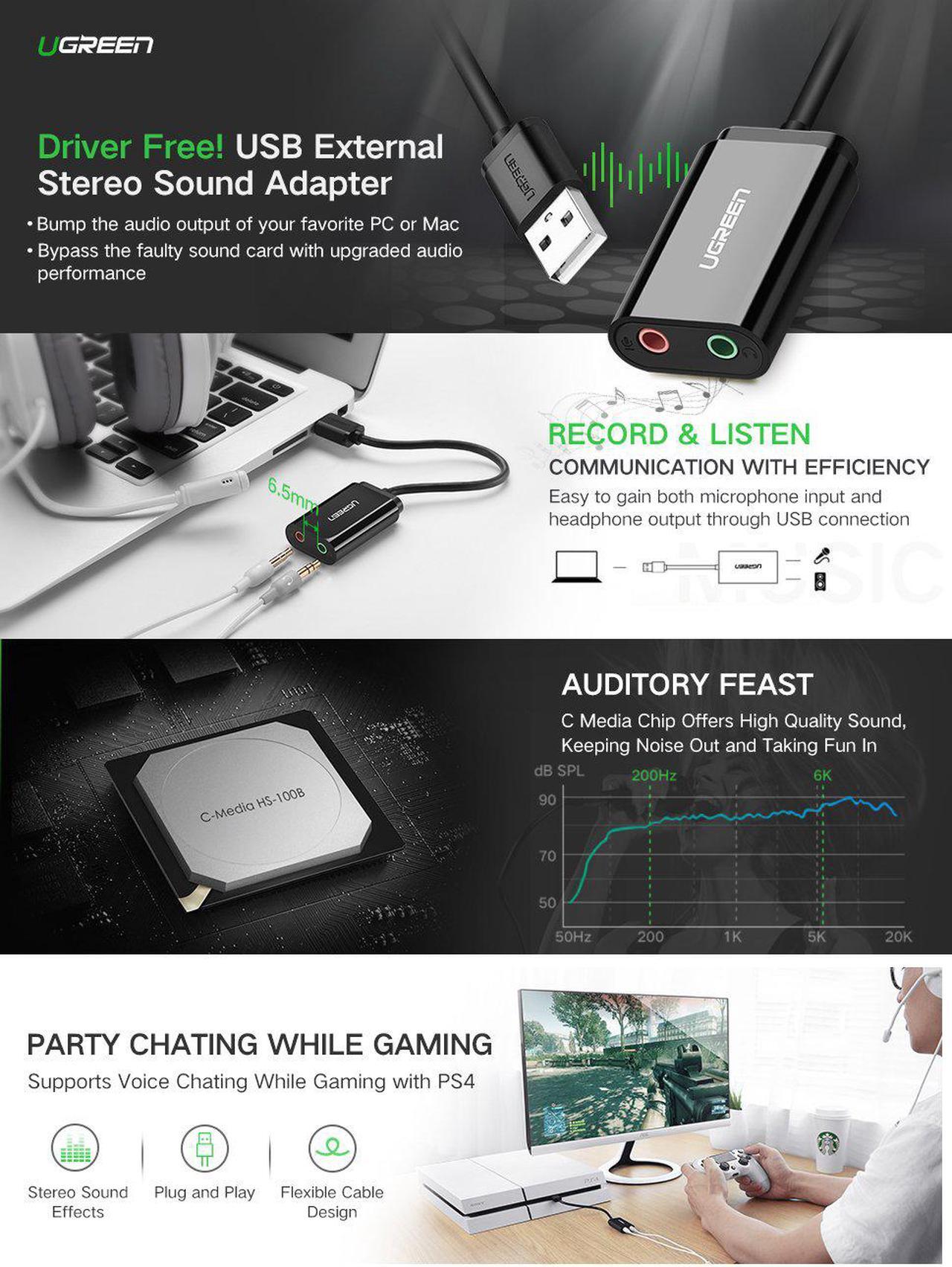 Alt view image 2 of 7 - LUOM USB External Stereo Sound Card Adapter, USB Audio Adapter with 3.5mm Headphone and Microphone Jack for Windows, Mac, Linux, PC, Laptops, Desktops, PS4 (USB-Black)