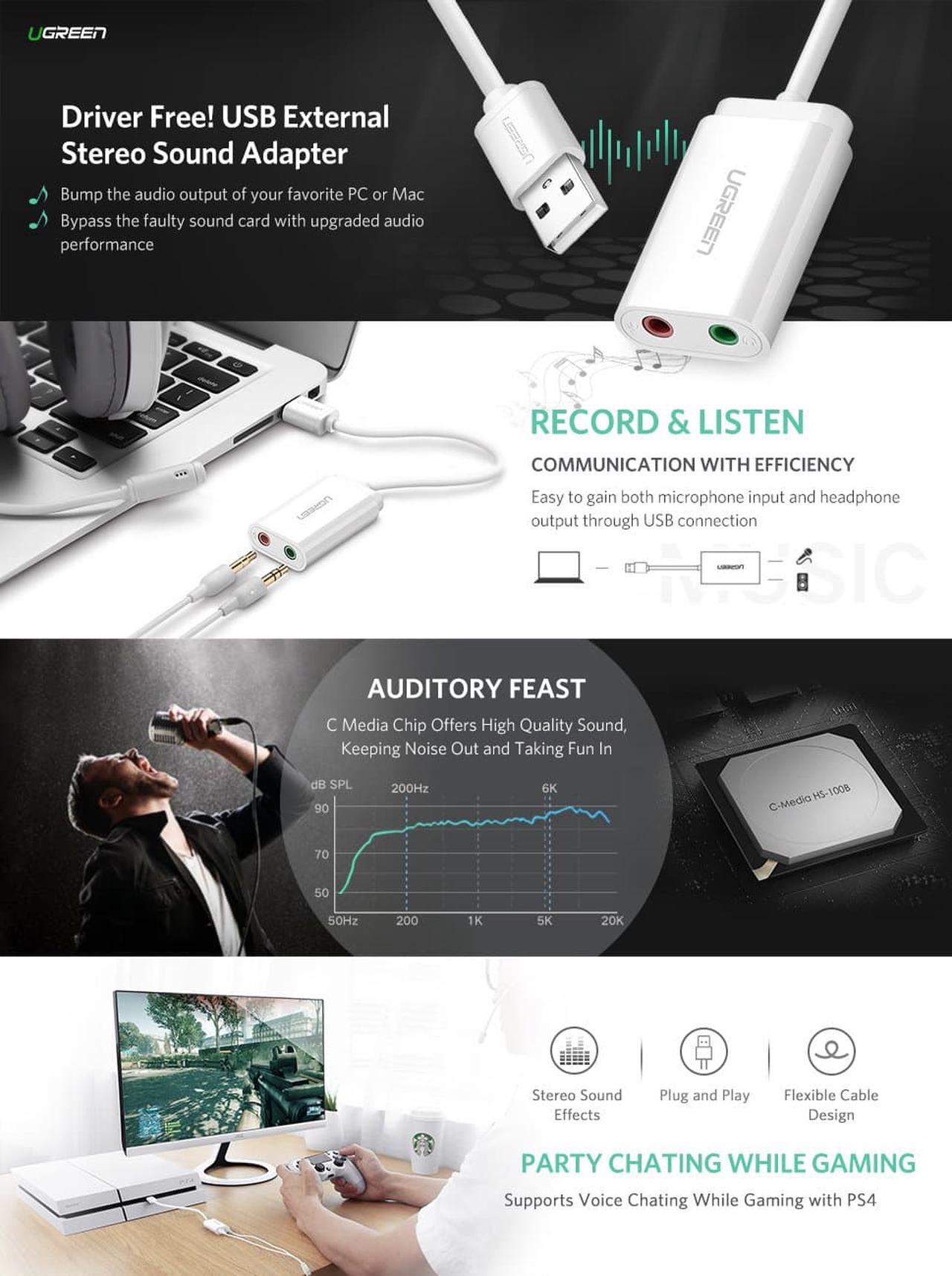 Alt view image 2 of 7 - LUOM USB Sound Card Audio Adapter USB External Stereo Sound Adapter Headphone Microphone Adapter for PC Computer - (White)