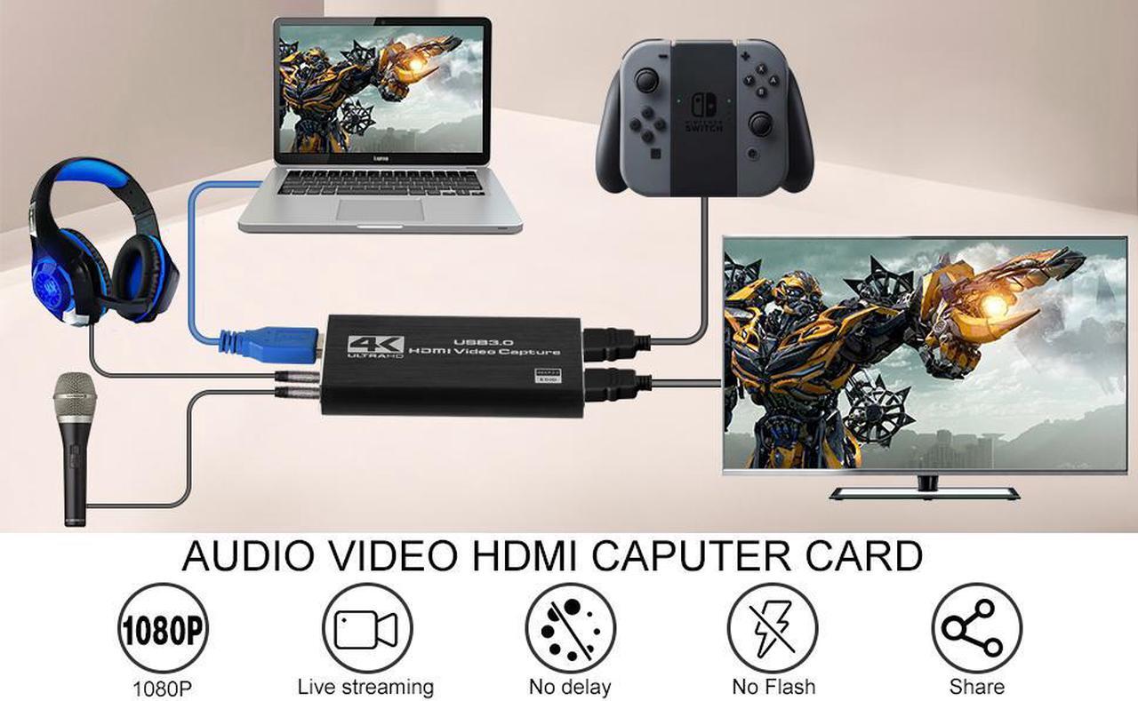 Alt view image 4 of 7 - 4K HDMI To USB 3.0 Video Capture Card Dongle Mic Input,4K HDMI USB 3.0 Capture Adapter Video Converter 1080P 60fps Portable Capture Device  for OBS Game Live Stream Video Recording
