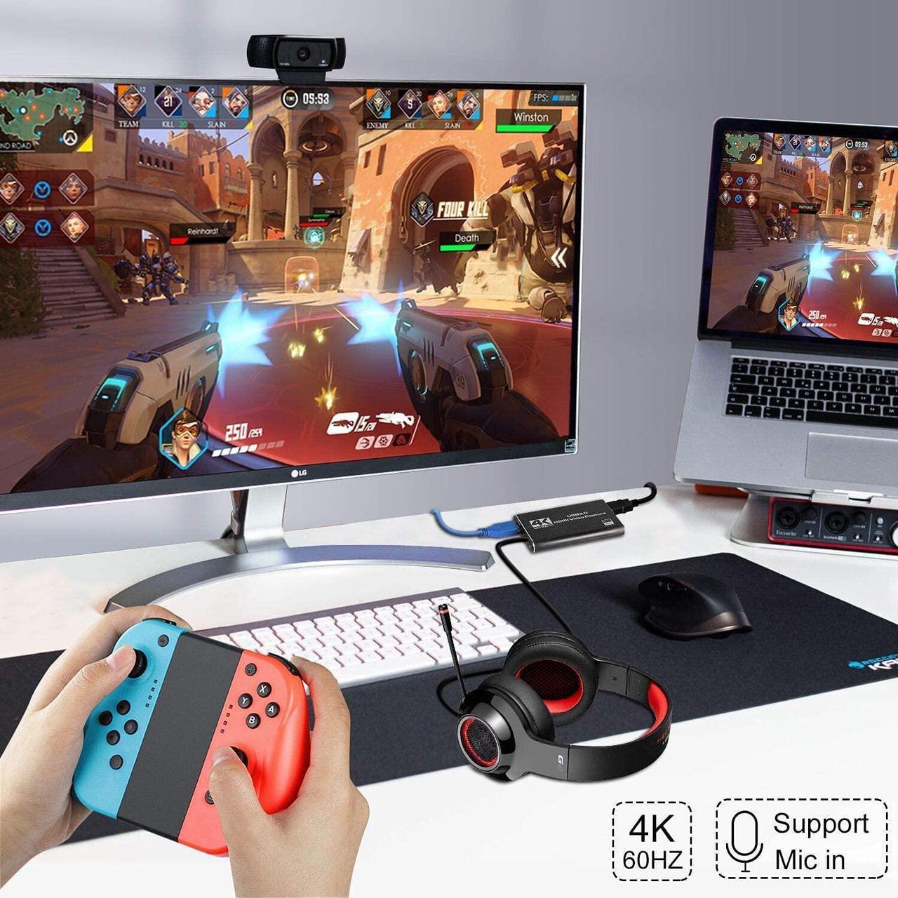 Alt view image 6 of 7 - 4K HDMI To USB 3.0 Video Capture Card Dongle Mic Input,4K HDMI USB 3.0 Capture Adapter Video Converter 1080P 60fps Portable Capture Device  for OBS Game Live Stream Video Recording