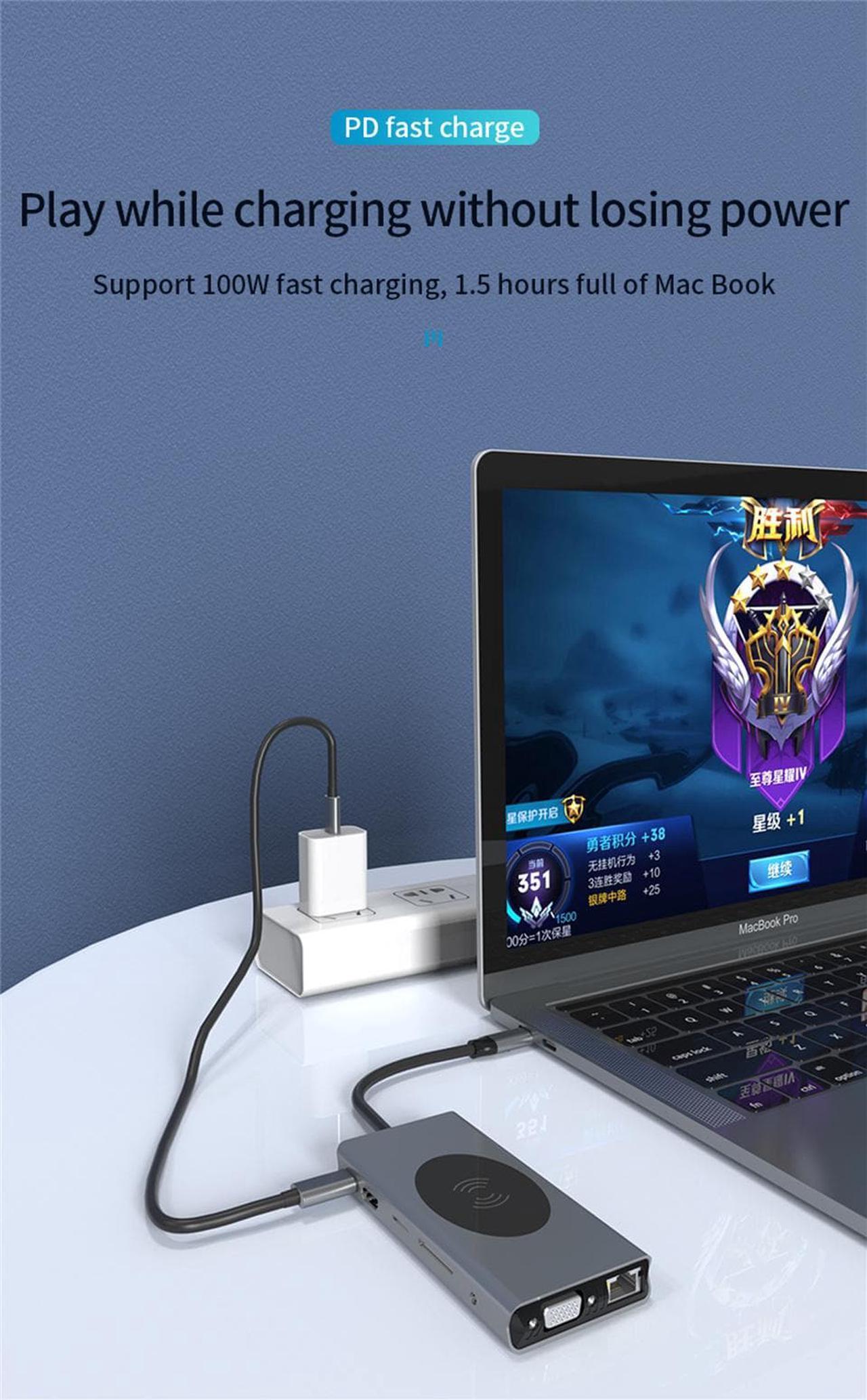 Alt view image 6 of 7 - 13 IN 1 USB C to VGA HDMI Hub Multiport Adapter with Ethernet, 4K HDMI, 100W PD, USB30 Ports,USB-C Port, SD/TF Card Reader,3.5mm Audio,Wireless Charging Dongle for MacBook Pro Air, iMac, XPS