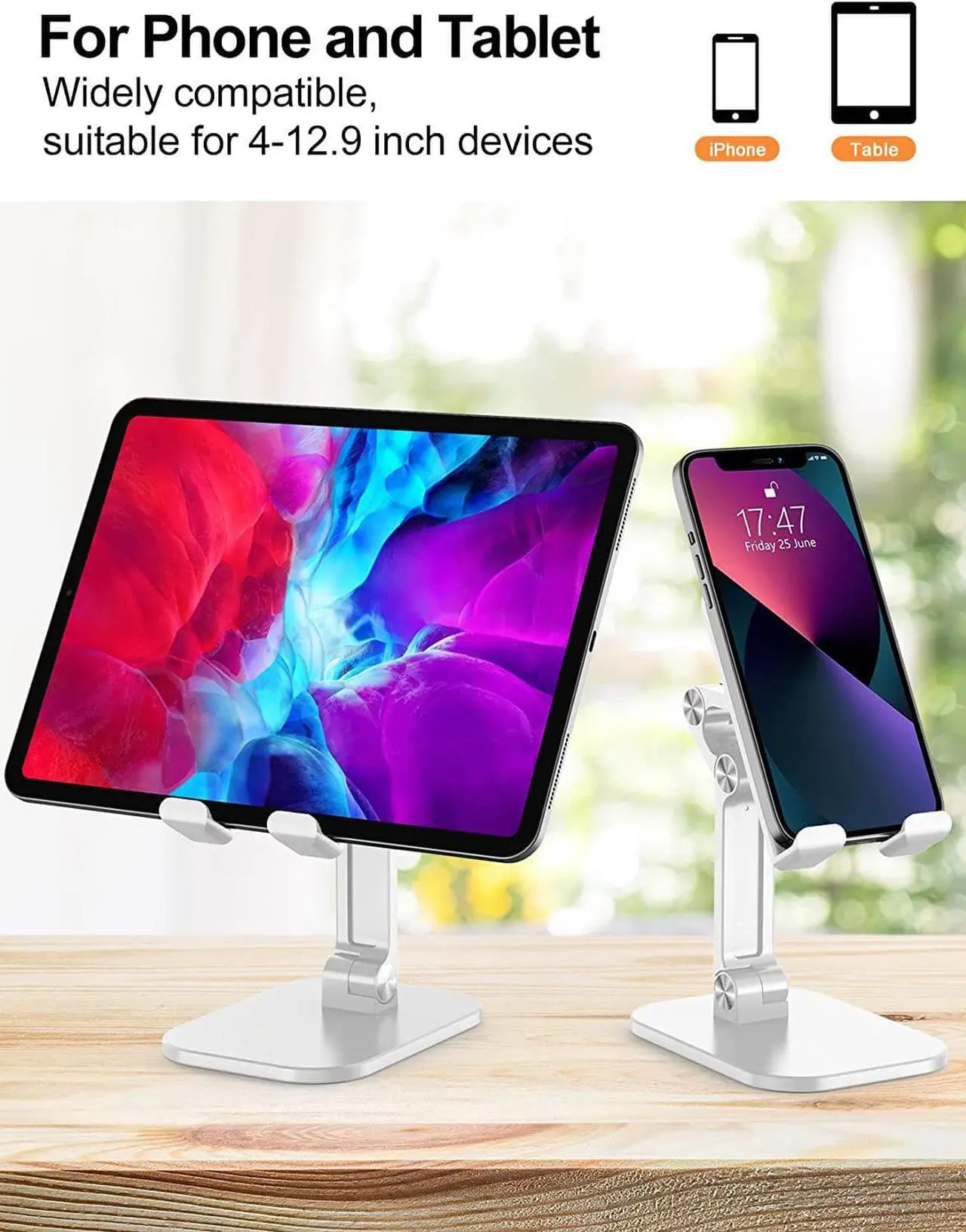 Alt view image 4 of 7 - Desktop Phone Holder Stand For iPhone iPad Adjustable Desktop Tablet Holder Universal Table Cell Phone Stand Compatible with 4"-12.9" Mobile Phone/Tablet/Kindle/Samsung Galaxy Smartphones, White
