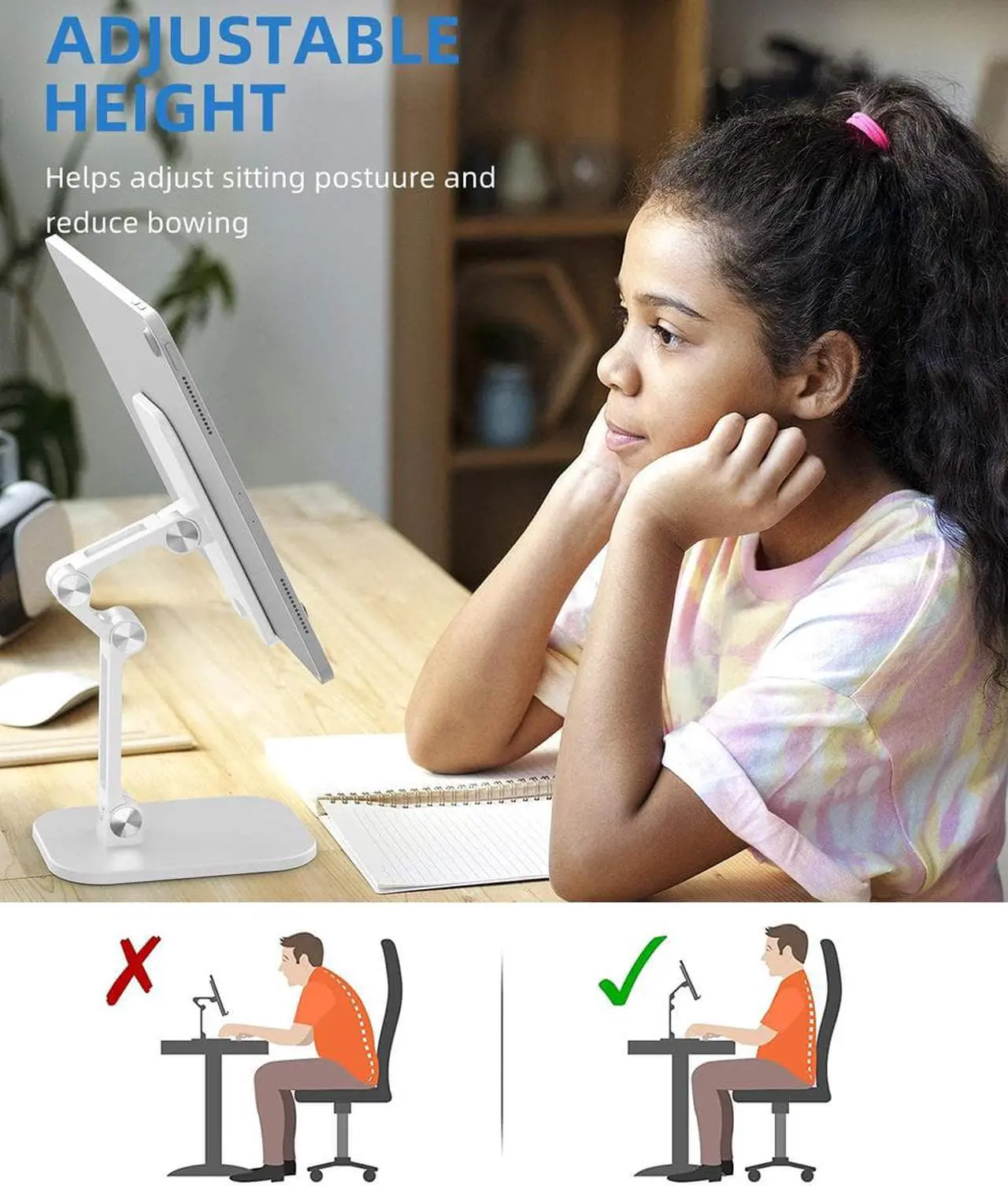 Alt view image 5 of 7 - Desktop Phone Holder Stand For iPhone iPad Adjustable Desktop Tablet Holder Universal Table Cell Phone Stand Compatible with 4"-12.9" Mobile Phone/Tablet/Kindle/Samsung Galaxy Smartphones, White