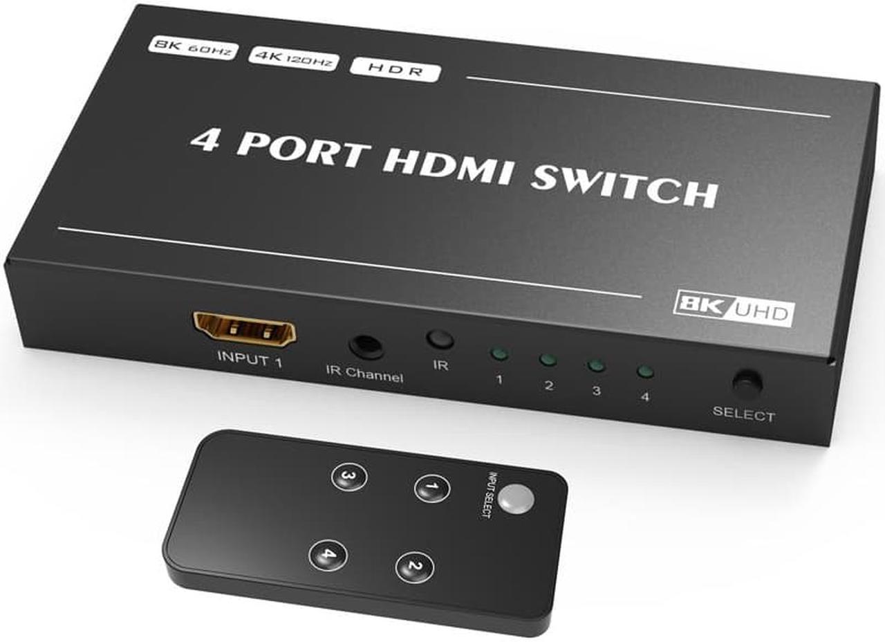 8K HDMI 2.1 Switcher with Remote Control ,LUOM Ultra HD 8K@60Hz 4K@120Hz Directional Switcher 4 in 1 Out, Support High Speed 48Gbps 8K@60Hz for PS4/PS5, Xbox Series X Aluminum Shell