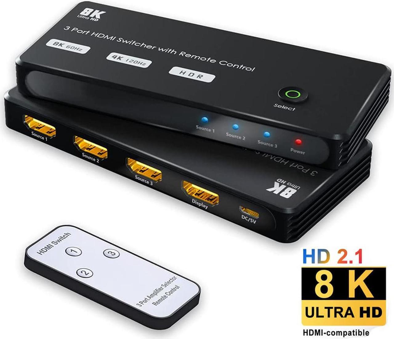 8K HDMI 2.1 Switch with IR Remote,LUOM Ultra HD 4K@120Hz Directional Switcher 3 in 1 Out, Support High Speed 48Gbps 8K@60Hz for PS4/PS5, Xbox Series X Aluminum Shell