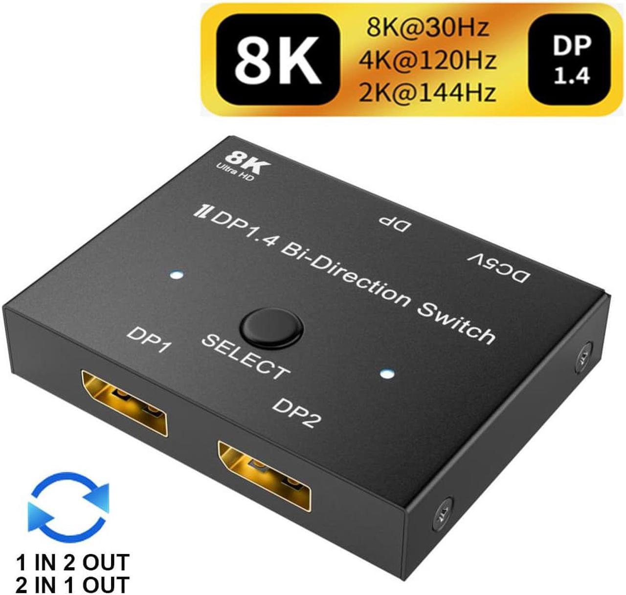 8K DisplayPort 1.4 Switch Splitter 2 Port 1x2/2x1 Bi-Direction DP 1.4 Switcher 8K@30Hz 4K@144Hz for Switch Dual Source and Display