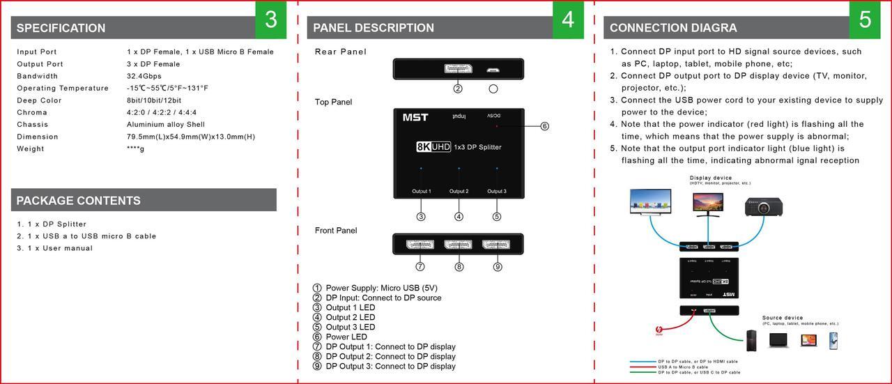 Alt view image 6 of 7 - LUOM 3-Port  Displayport MST Hub 1.4 Display Port MST hub splitter for 3 monitors Splitter Displayport mst hub 8K 30Hz 4K 144hz