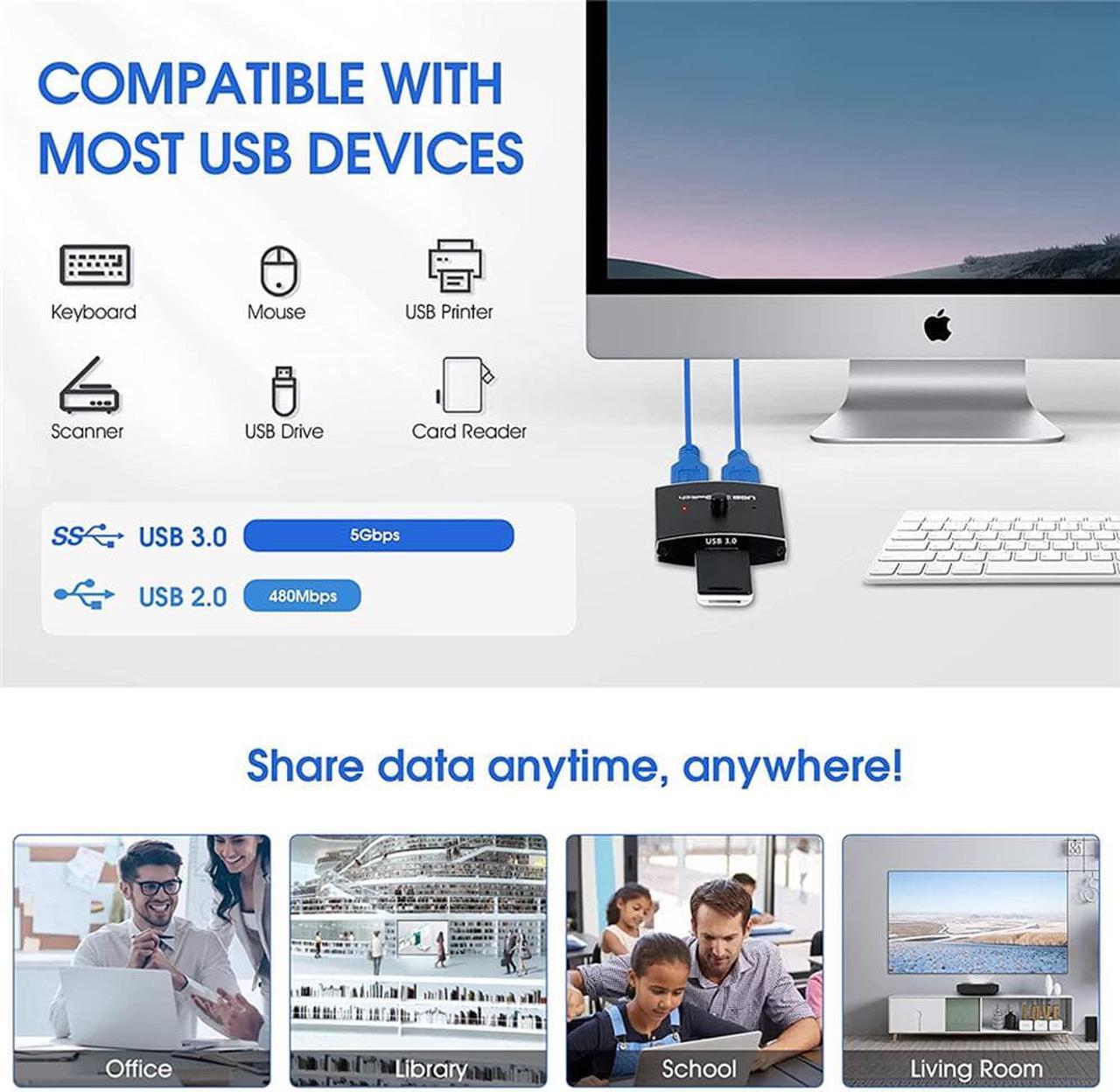 Alt view image 7 of 7 - LUOM USB Switch USB 3.0 HUB Switch KVM Printer Computer Sharer 1 In 2 Out / 2 In 1 Out USB3.0 Splitter , Includes Two 3.3FT Data Cables