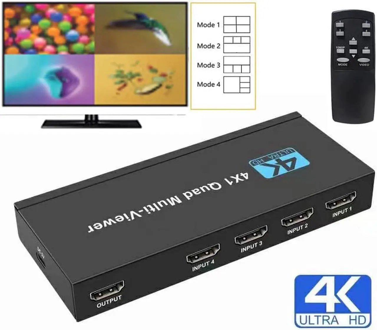 Main image of 4K HDMI Multi-viewer Switch 4x1, LUOM HDMI Quad Multi-Viewer Switcher 4 in 1 Out 4K/1080P with  Viewing Modes for Security Camera PC Gaming Consoles