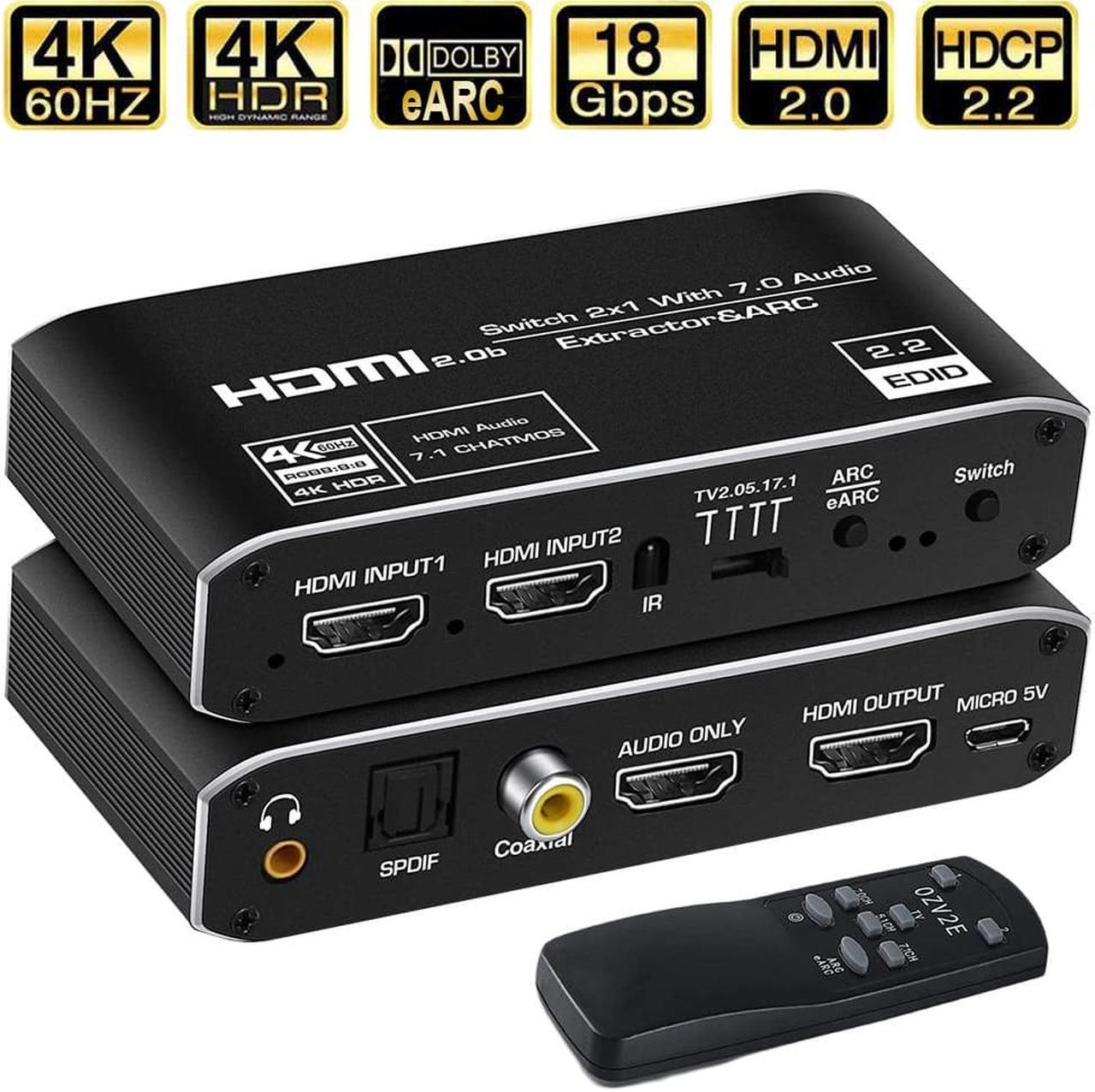 4K HDMI Switch 2x1 with Audio Extractor, 4K@60Hz Ultra HD HDMI Switcher with Optical TOSLINK SPDIF, 3.5mm Audio, Coaxial Support ARC Function, 3D, 1080P @120Hz, 4Kx2k @60Hz HDTV (Remote Control)