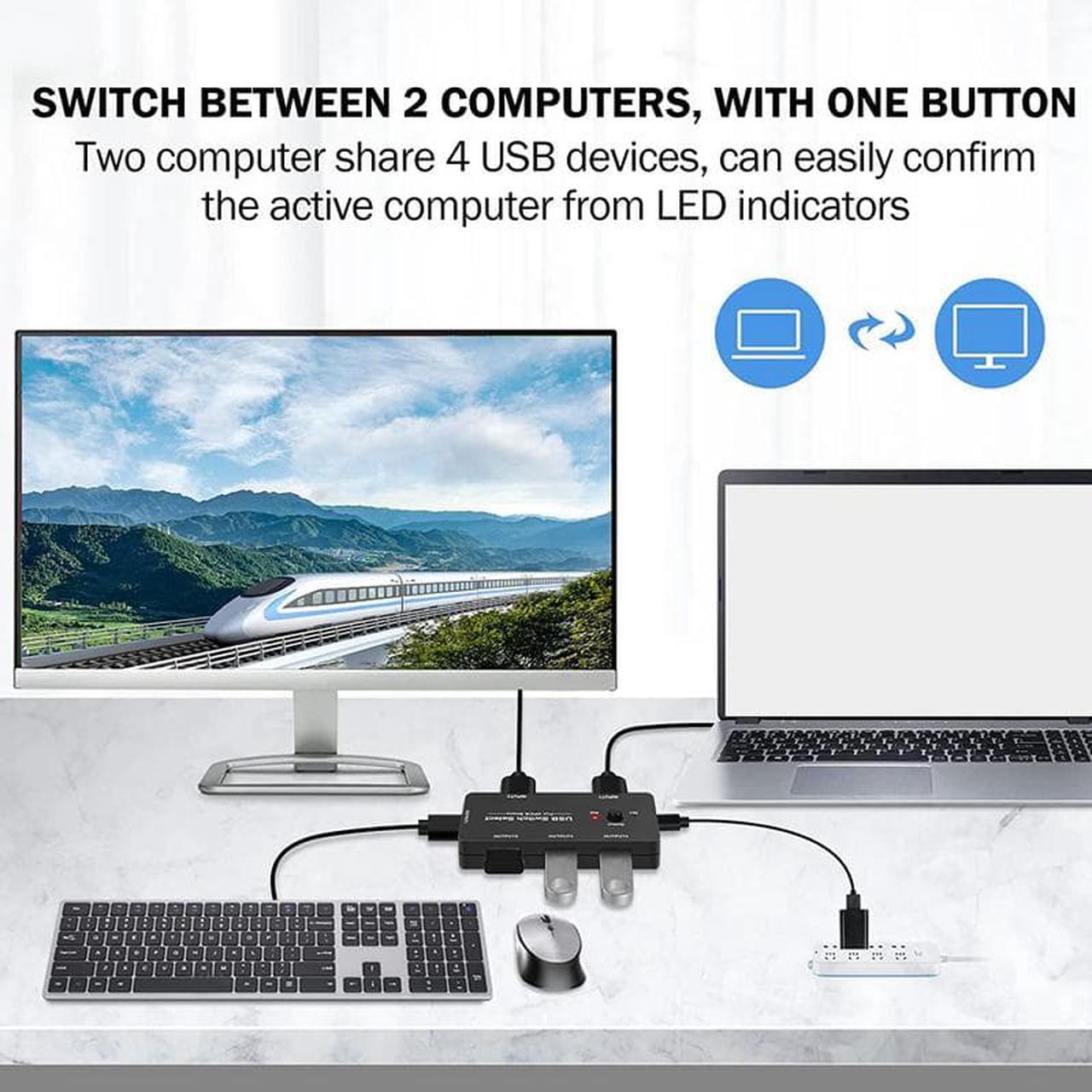 Alt view image 2 of 7 - USB Switch Selector 4 Port 2 Computers Peripheral Switcher Adapter Hub for PC Printer Scanner Mouse Keyboard with One Button Switch and 2 Pack USB Male Cable
